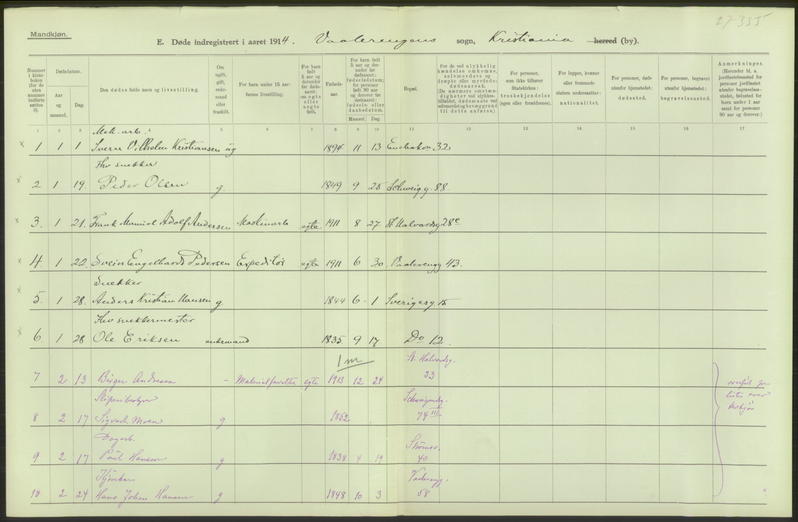 Statistisk sentralbyrå, Sosiodemografiske emner, Befolkning, AV/RA-S-2228/D/Df/Dfb/Dfbd/L0008: Kristiania: Døde, 1914, p. 184