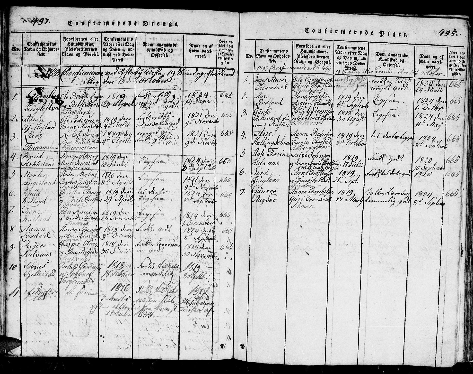 Holum sokneprestkontor, AV/SAK-1111-0022/F/Fb/Fbb/L0001: Parish register (copy) no. B 1, 1820-1847, p. 497-498