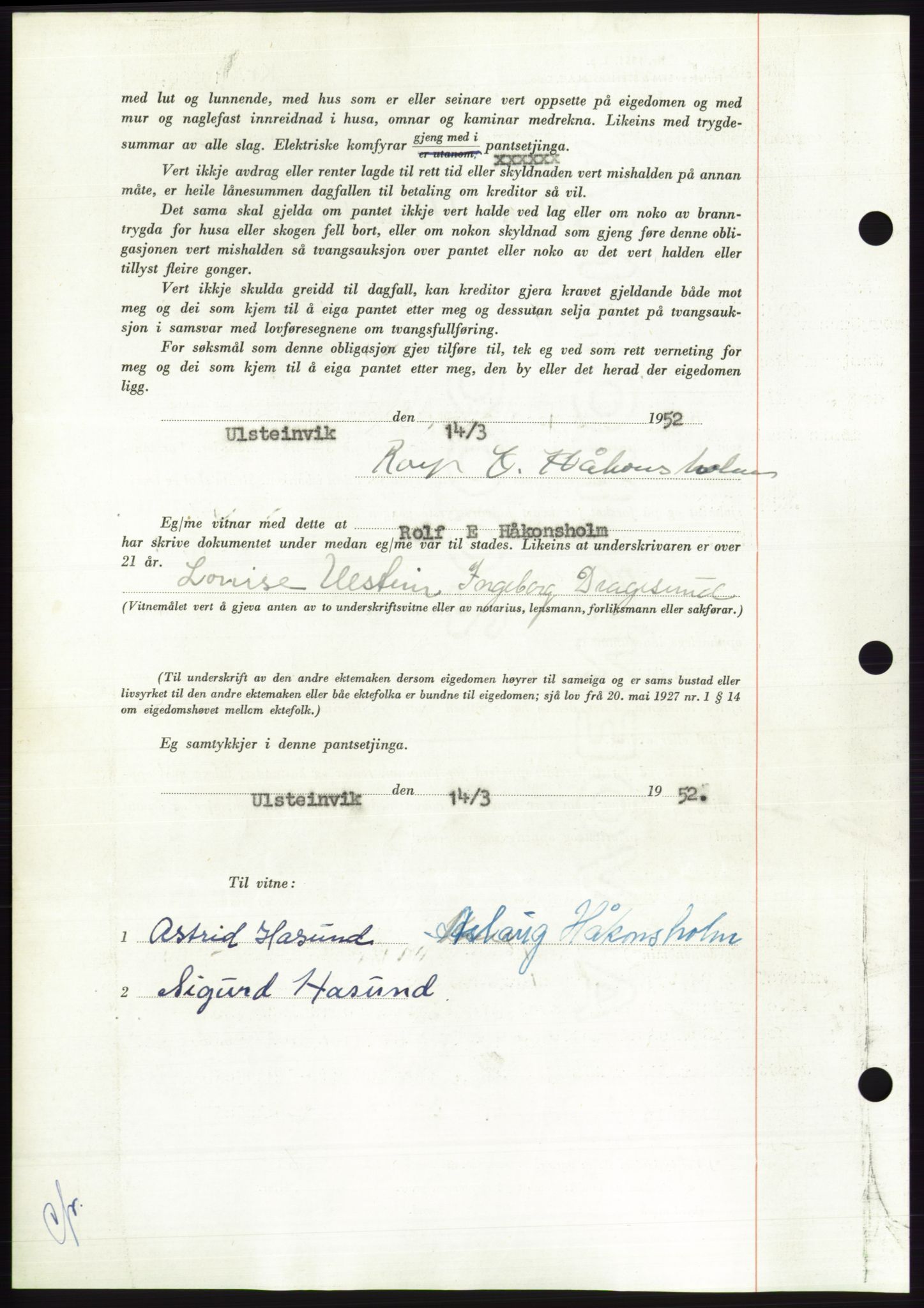 Søre Sunnmøre sorenskriveri, AV/SAT-A-4122/1/2/2C/L0121: Mortgage book no. 9B, 1951-1952, Diary no: : 905/1952