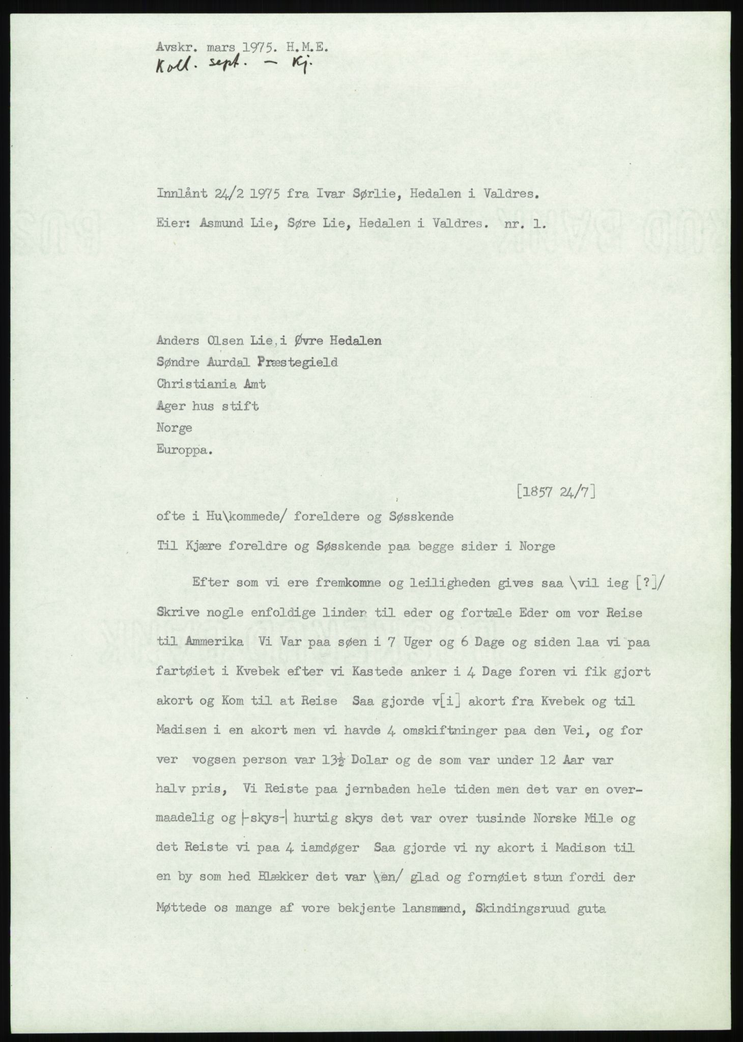 Samlinger til kildeutgivelse, Amerikabrevene, AV/RA-EA-4057/F/L0012: Innlån fra Oppland: Lie (brevnr 1-78), 1838-1914, p. 17