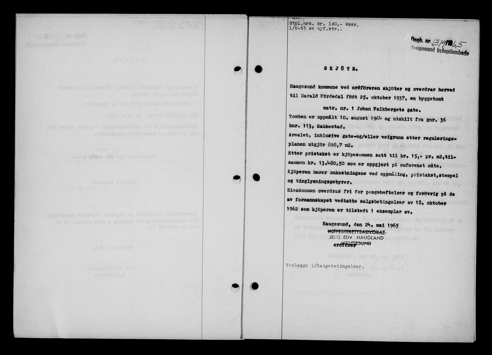 Haugesund tingrett, AV/SAST-A-101415/01/II/IIC/L0076: Mortgage book no. A 17, 1965-1966, Diary no: : 1319/1965