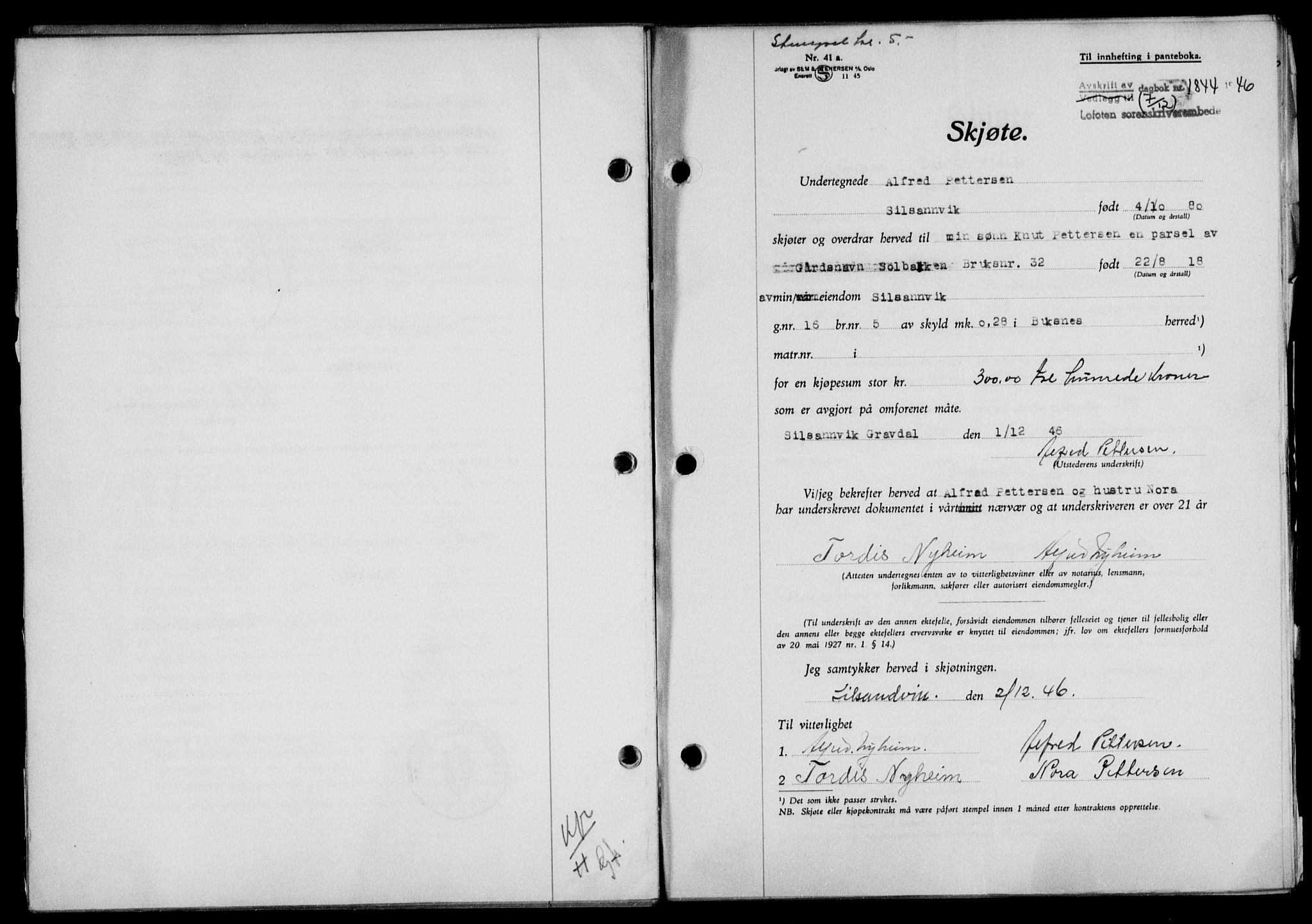 Lofoten sorenskriveri, SAT/A-0017/1/2/2C/L0015a: Mortgage book no. 15a, 1946-1947, Diary no: : 1844/1946