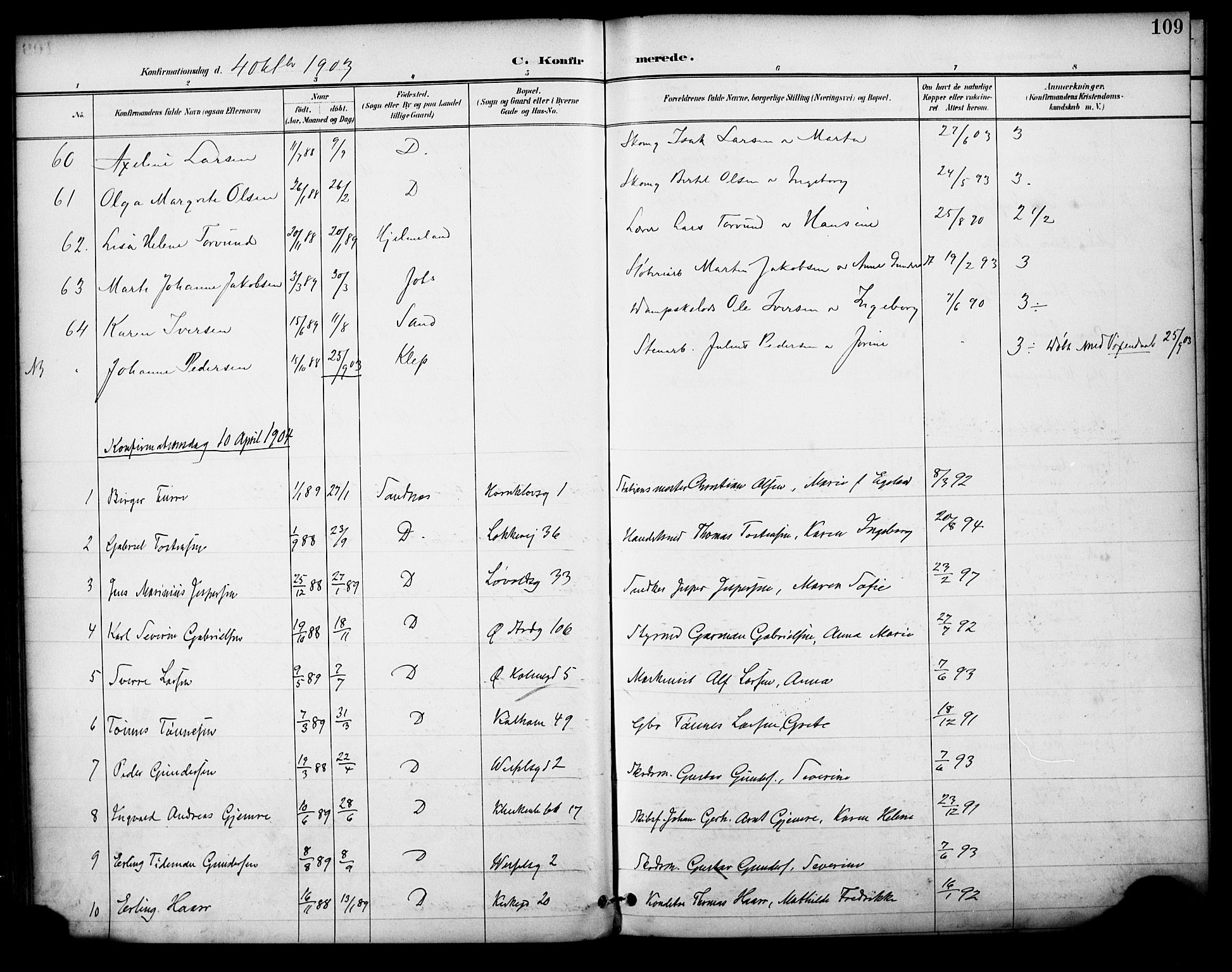 Domkirken sokneprestkontor, SAST/A-101812/001/30/30BA/L0031: Parish register (official) no. A 30, 1896-1916, p. 109