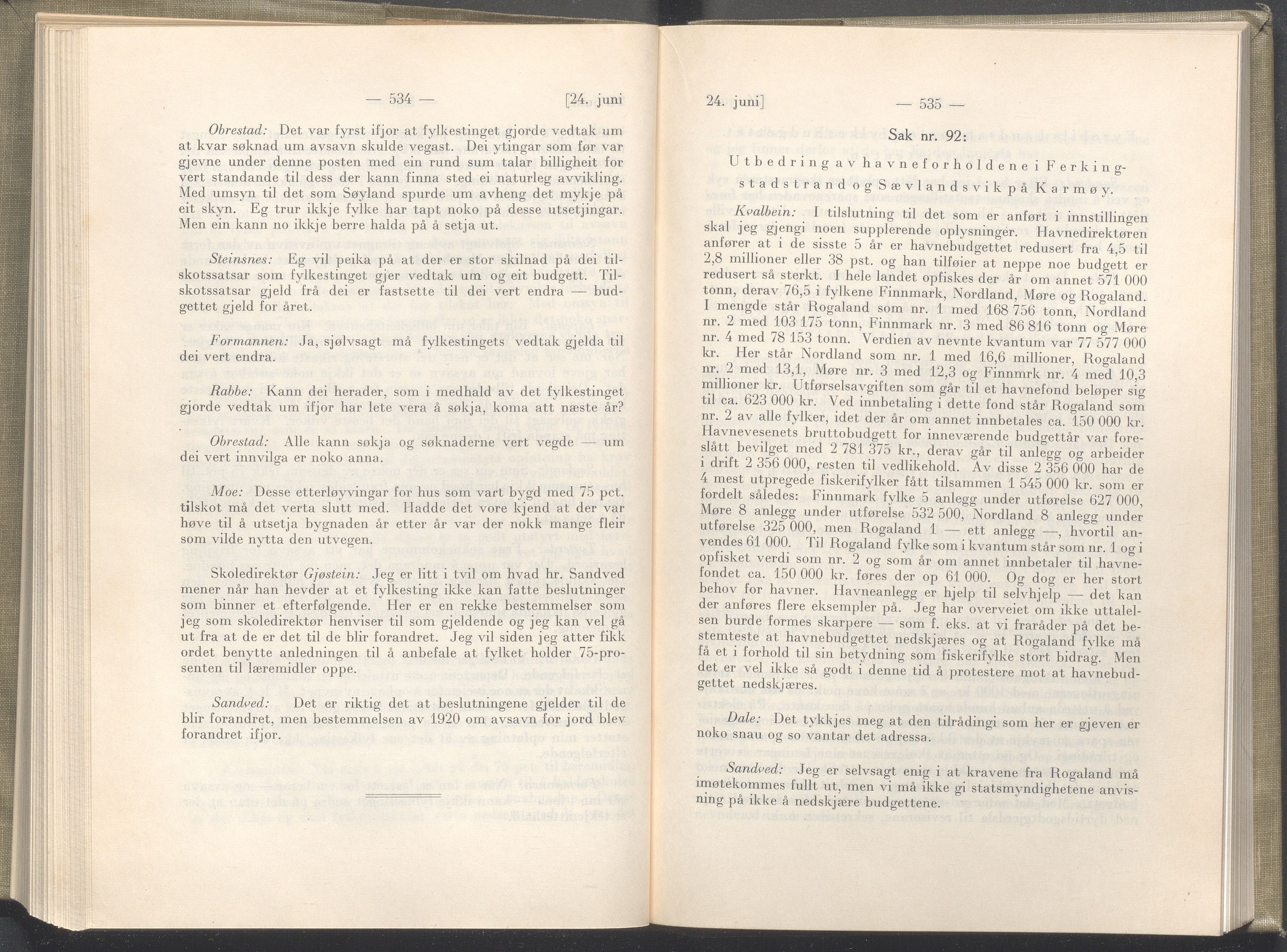 Rogaland fylkeskommune - Fylkesrådmannen , IKAR/A-900/A/Aa/Aaa/L0046: Møtebok , 1927, p. 534-535