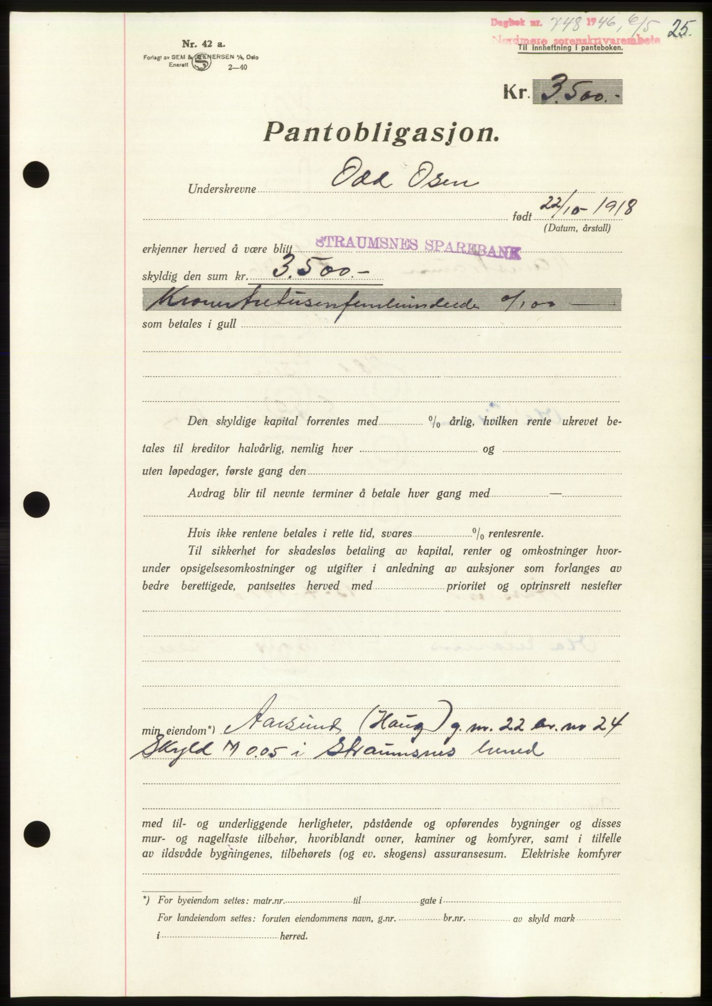 Nordmøre sorenskriveri, AV/SAT-A-4132/1/2/2Ca: Mortgage book no. B94, 1946-1946, Diary no: : 748/1946