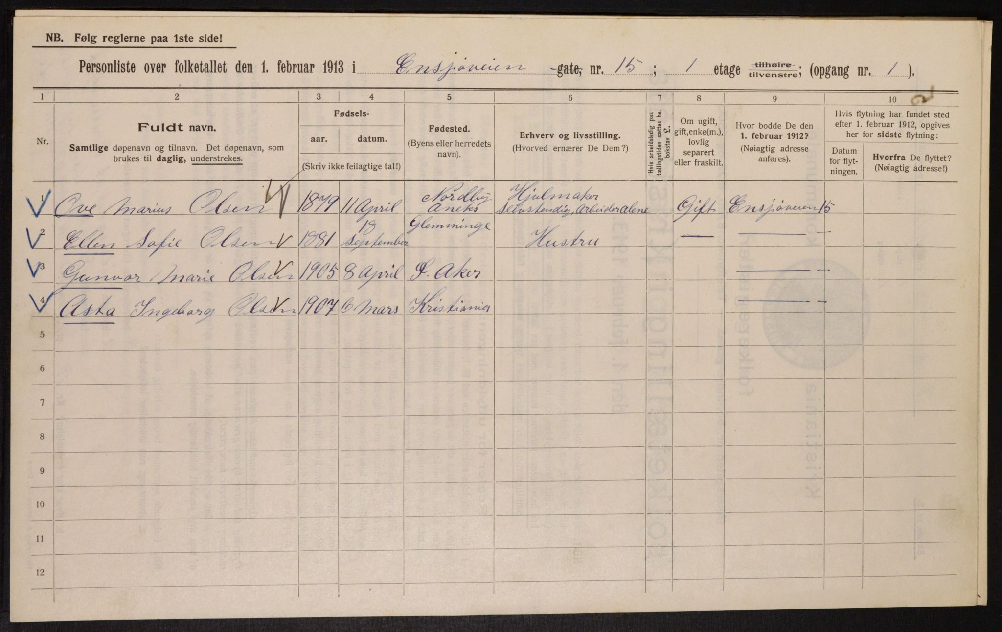 OBA, Municipal Census 1913 for Kristiania, 1913, p. 22057