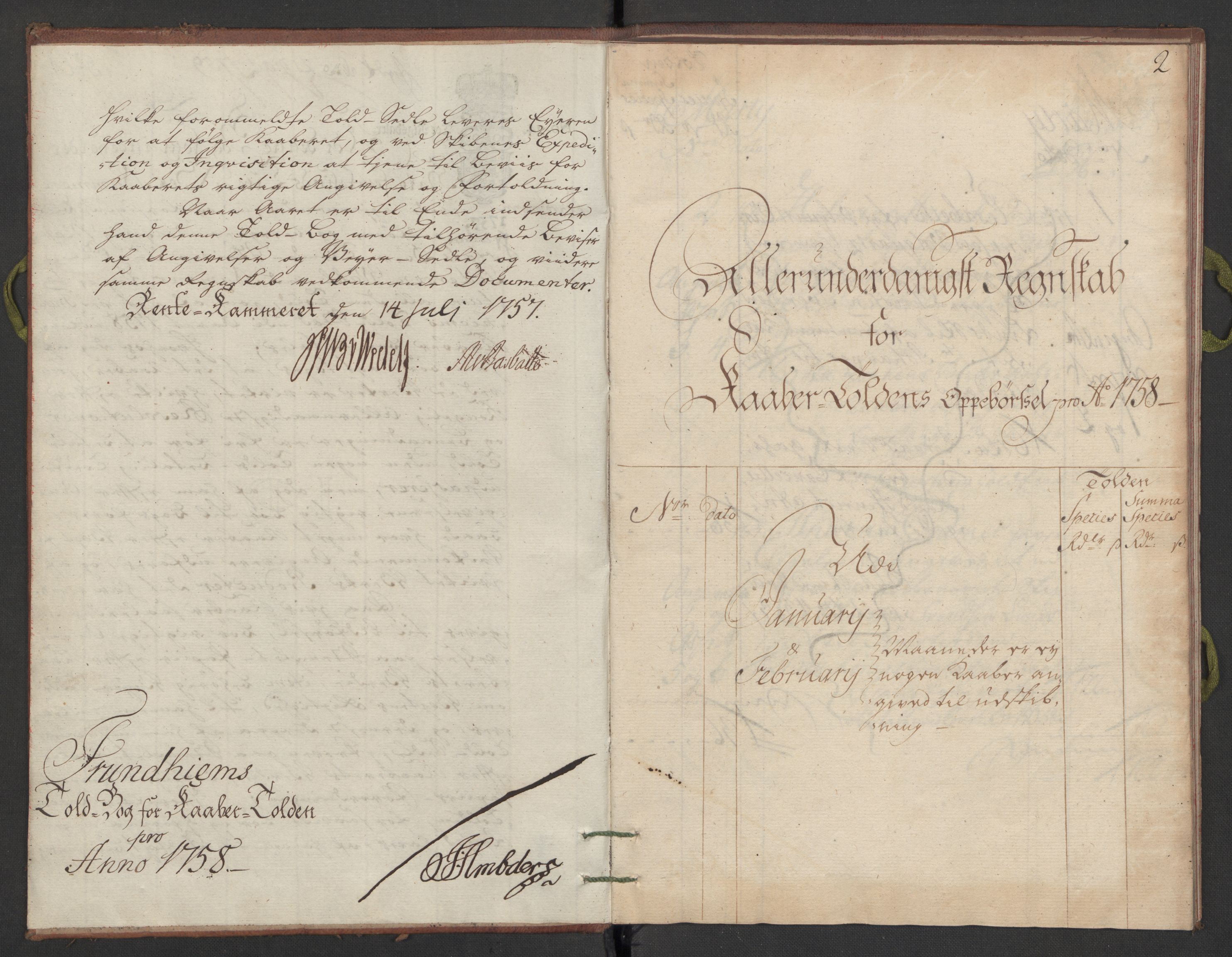 Generaltollkammeret, tollregnskaper, AV/RA-EA-5490/R34/L0008/0001: Koppertollregnskaper Trondheim B / Tollbok for koppertollen, 1758