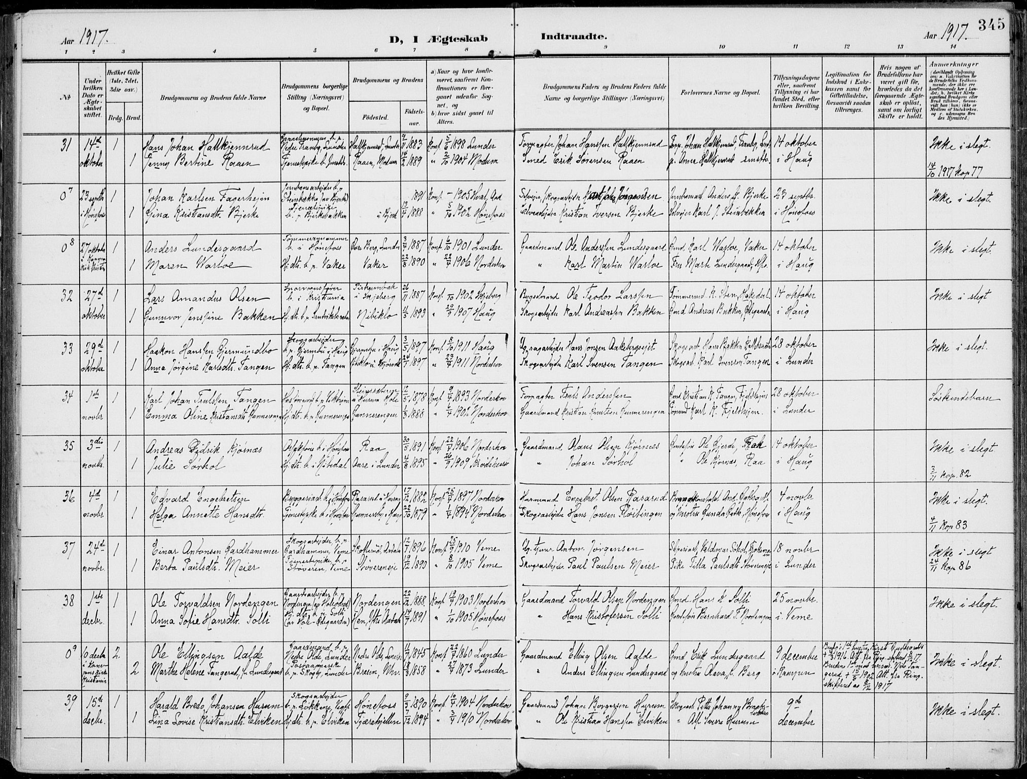 Norderhov kirkebøker, AV/SAKO-A-237/F/Fa/L0017: Parish register (official) no. 17, 1903-1919, p. 345