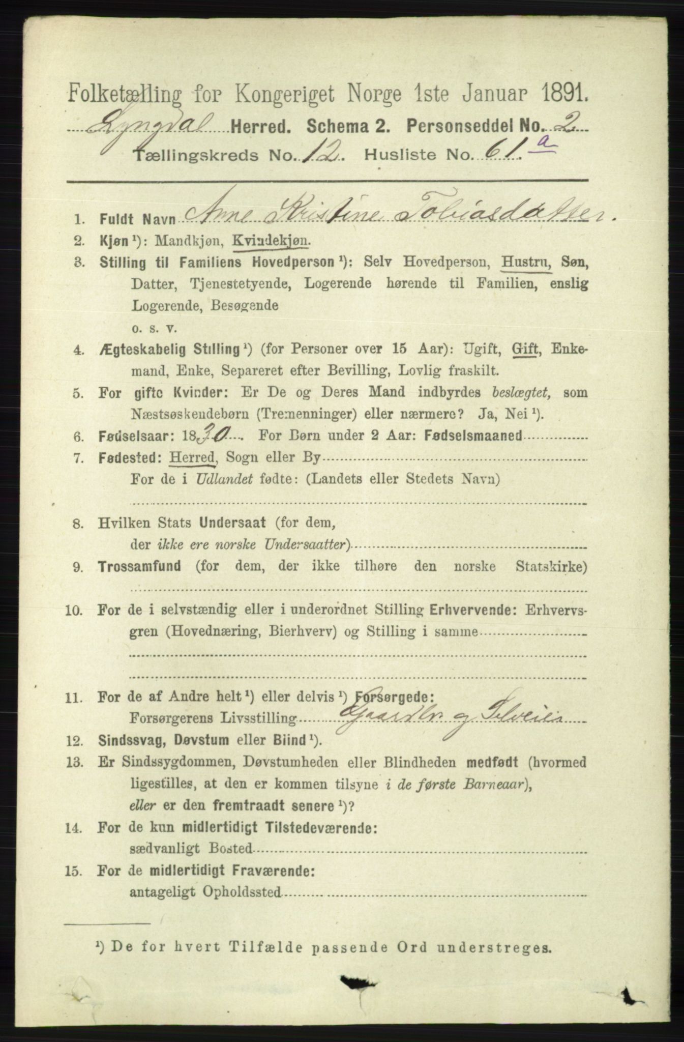 RA, 1891 census for 1032 Lyngdal, 1891, p. 5556