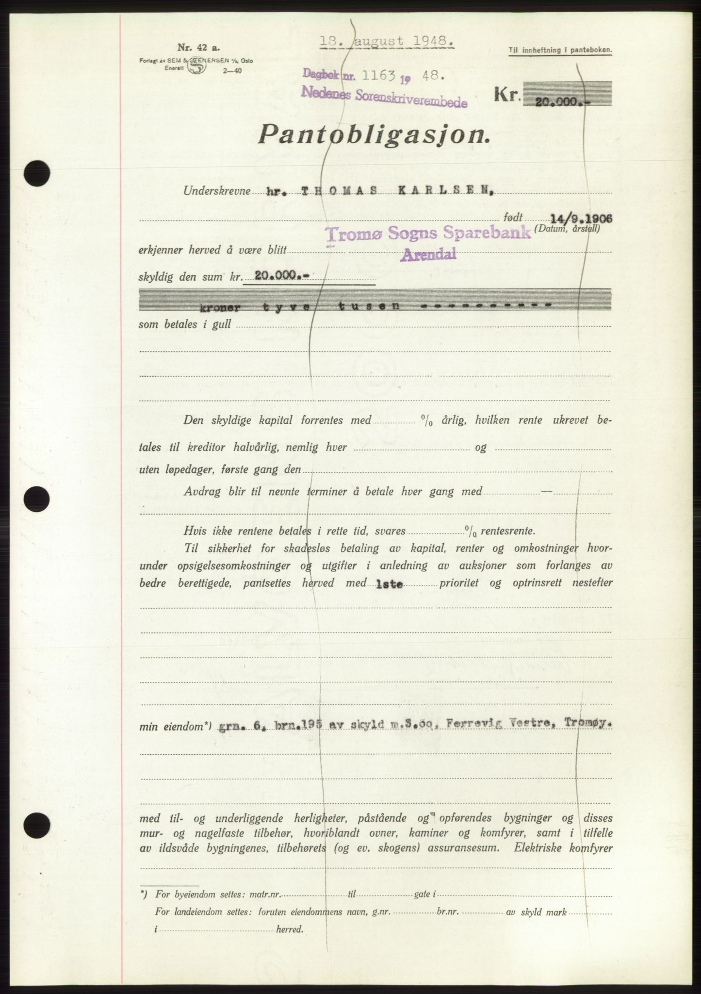 Nedenes sorenskriveri, AV/SAK-1221-0006/G/Gb/Gbb/L0005: Mortgage book no. B5, 1948-1948, Diary no: : 1163/1948