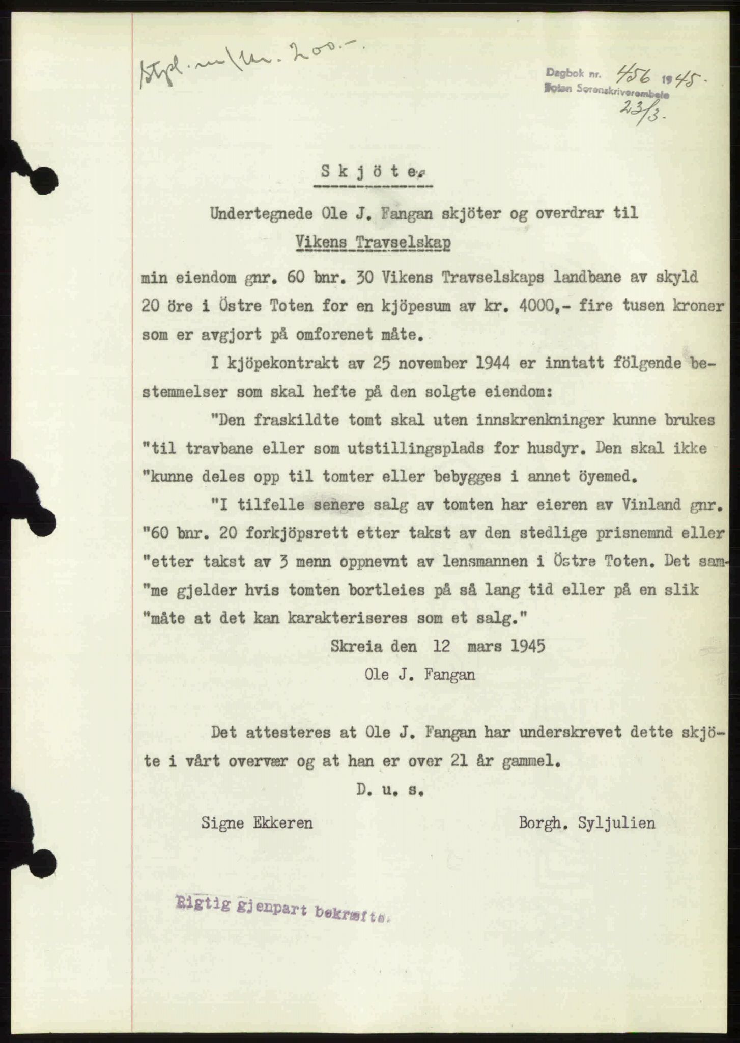 Toten tingrett, SAH/TING-006/H/Hb/Hbc/L0013: Mortgage book no. Hbc-13, 1945-1945, Diary no: : 456/1945