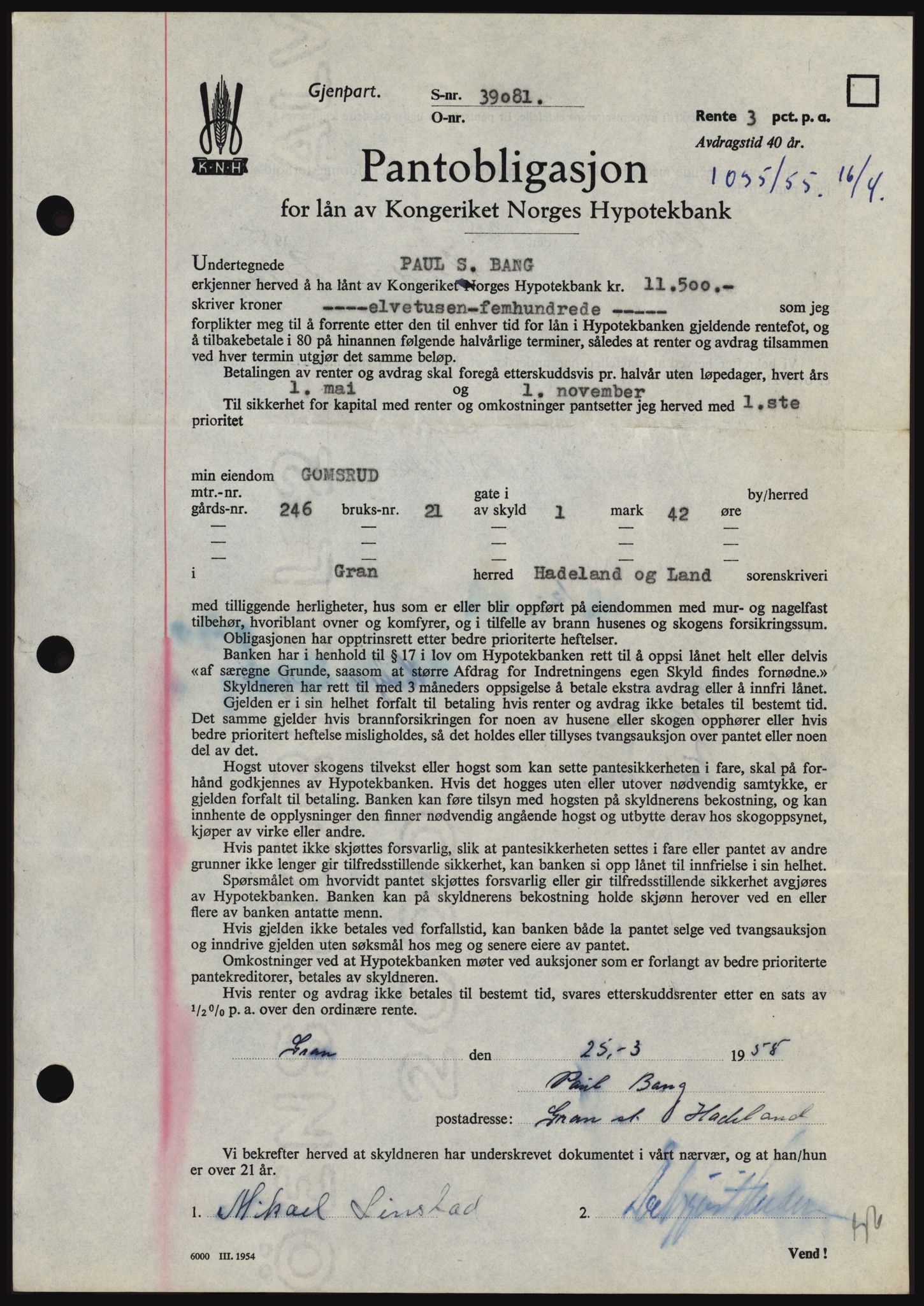 Hadeland og Land tingrett, SAH/TING-010/H/Hb/Hbc/L0032: Mortgage book no. B32, 1955-1955, Diary no: : 1035/1955