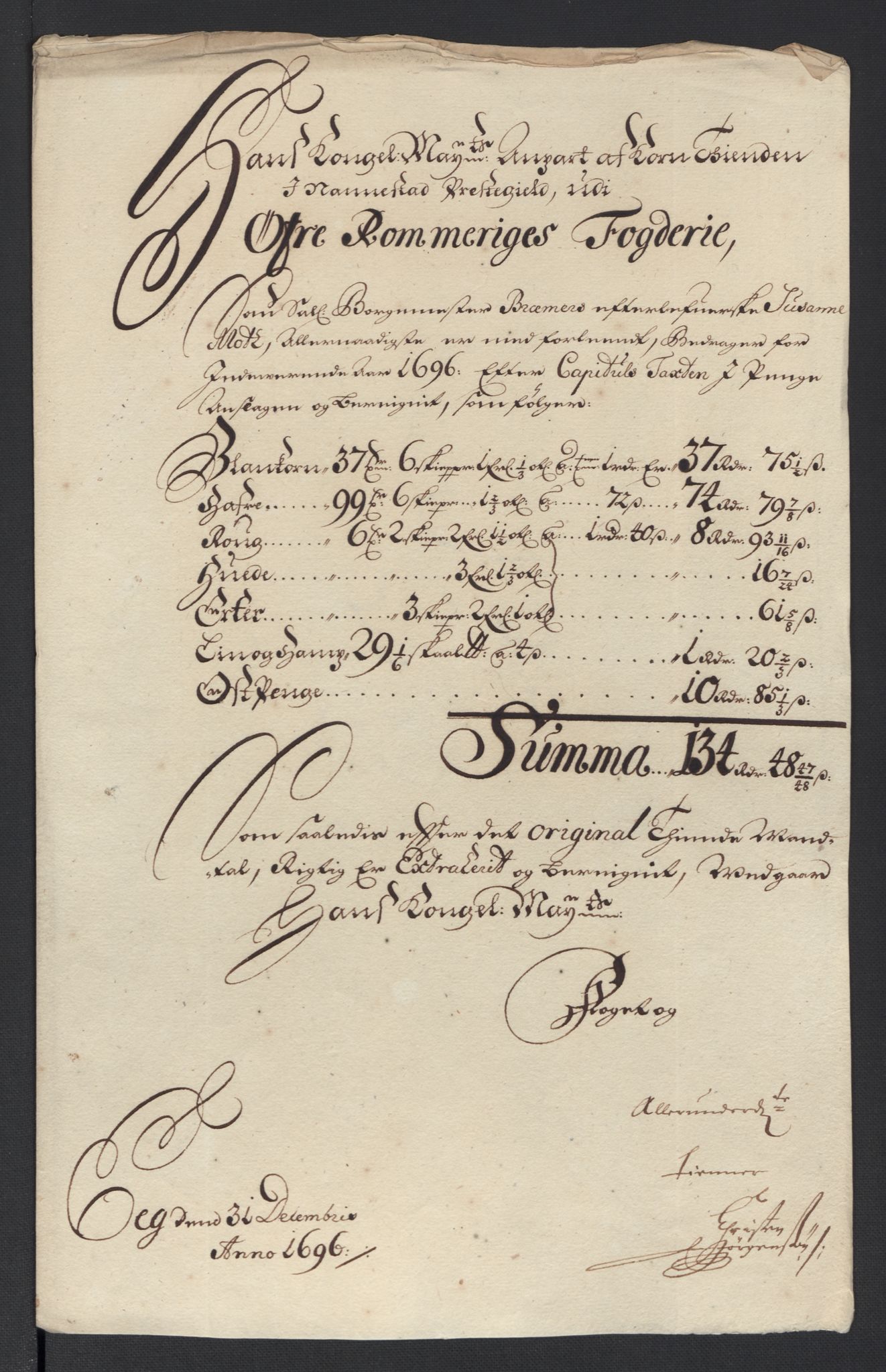 Rentekammeret inntil 1814, Reviderte regnskaper, Fogderegnskap, RA/EA-4092/R12/L0708: Fogderegnskap Øvre Romerike, 1696, p. 60