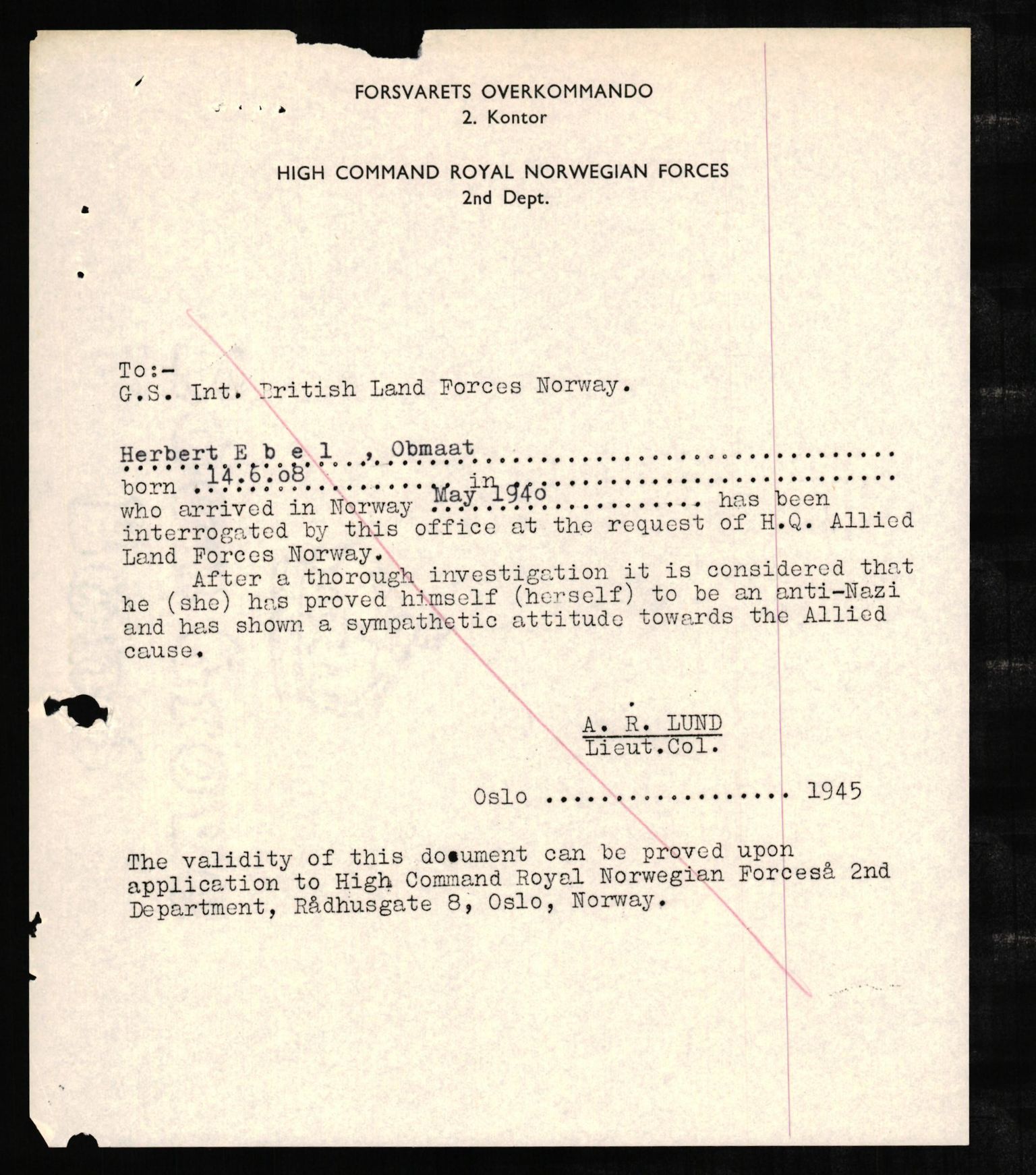 Forsvaret, Forsvarets overkommando II, AV/RA-RAFA-3915/D/Db/L0007: CI Questionaires. Tyske okkupasjonsstyrker i Norge. Tyskere., 1945-1946, p. 10