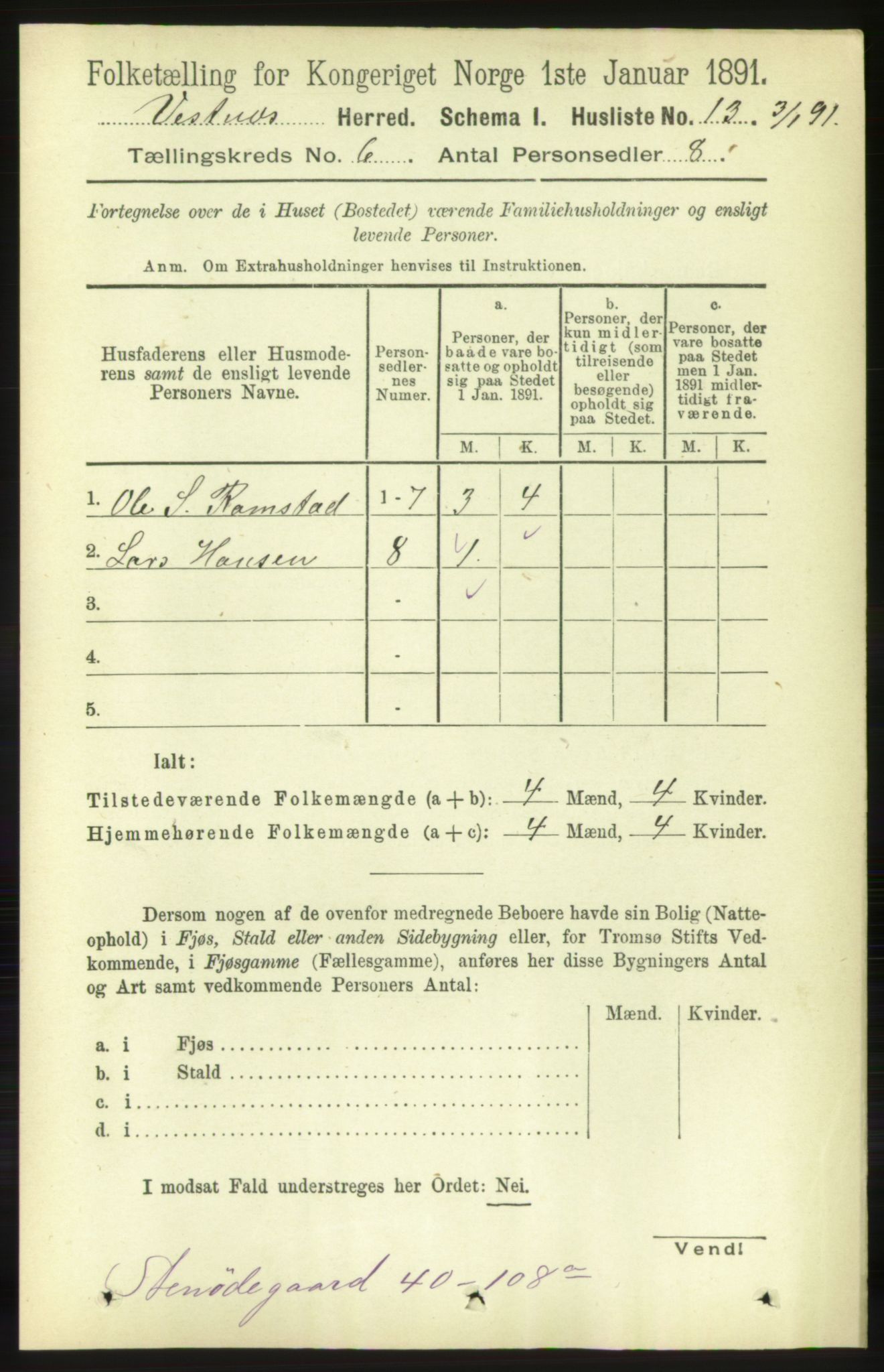 RA, 1891 census for 1535 Vestnes, 1891, p. 2133