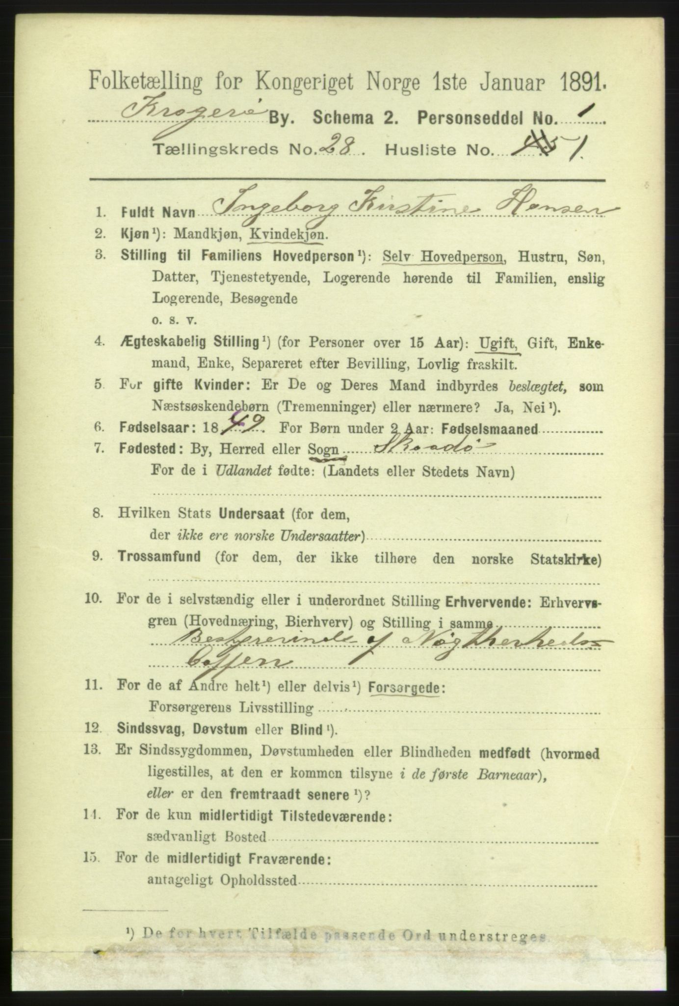 RA, 1891 census for 0801 Kragerø, 1891, p. 5397