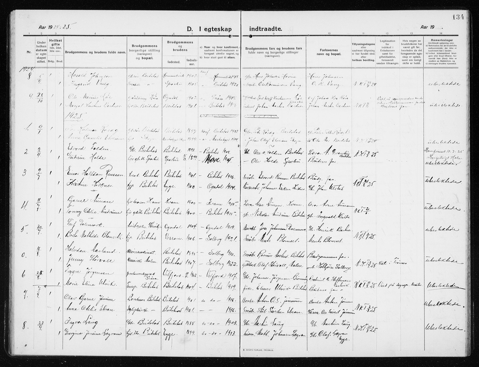 Ministerialprotokoller, klokkerbøker og fødselsregistre - Nord-Trøndelag, SAT/A-1458/741/L0402: Parish register (copy) no. 741C03, 1911-1926, p. 134
