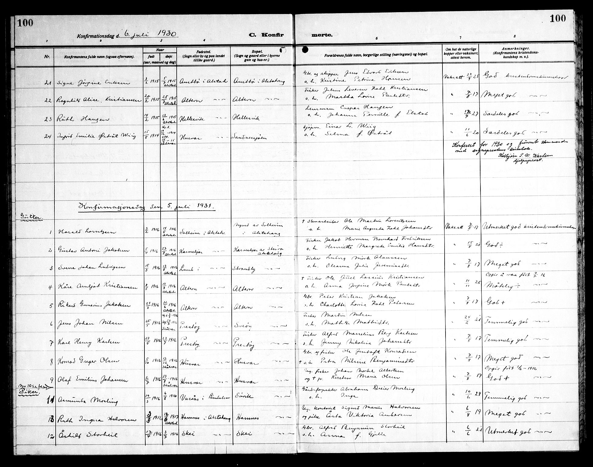 Ministerialprotokoller, klokkerbøker og fødselsregistre - Nordland, AV/SAT-A-1459/830/L0466: Parish register (copy) no. 830C08, 1920-1945, p. 100