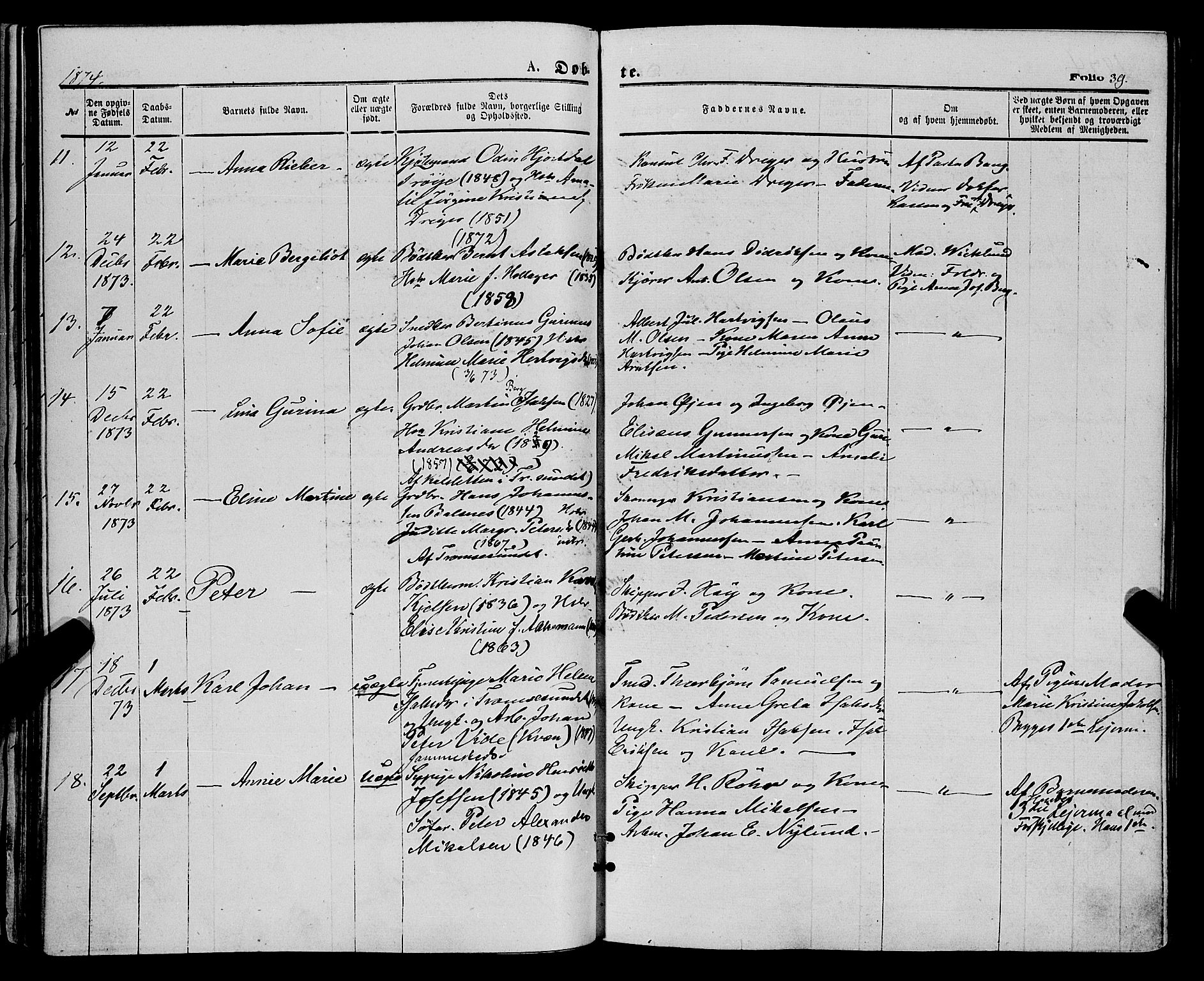 Tromsø sokneprestkontor/stiftsprosti/domprosti, SATØ/S-1343/G/Ga/L0013kirke: Parish register (official) no. 13, 1872-1877, p. 39