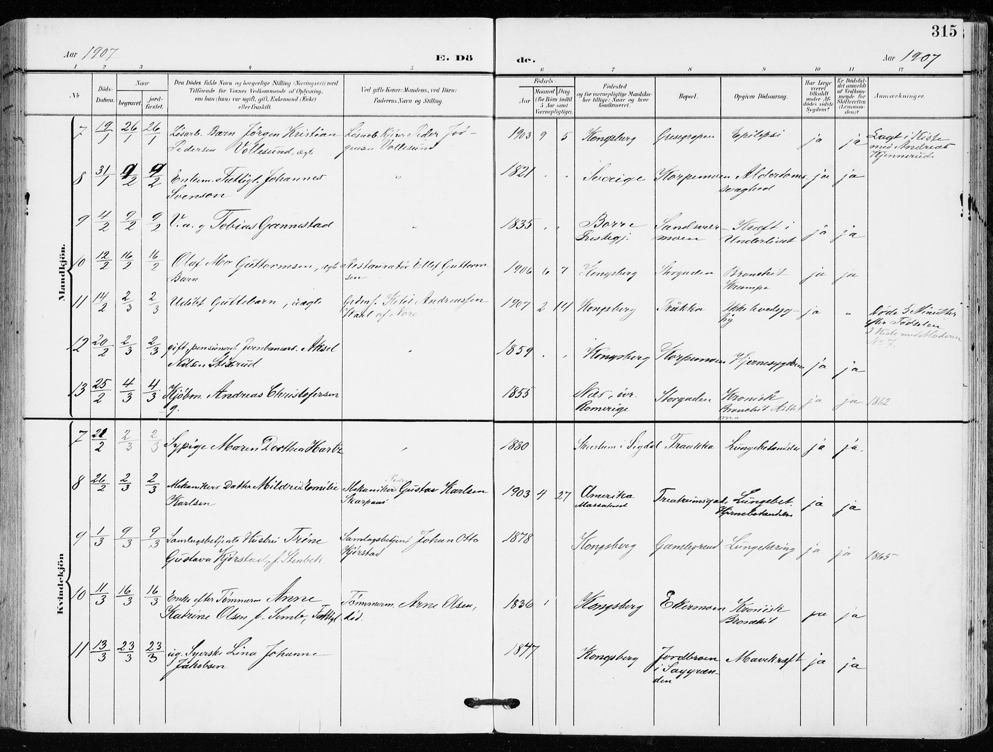 Kongsberg kirkebøker, AV/SAKO-A-22/F/Fb/L0004: Parish register (official) no. II 4, 1906-1918, p. 315