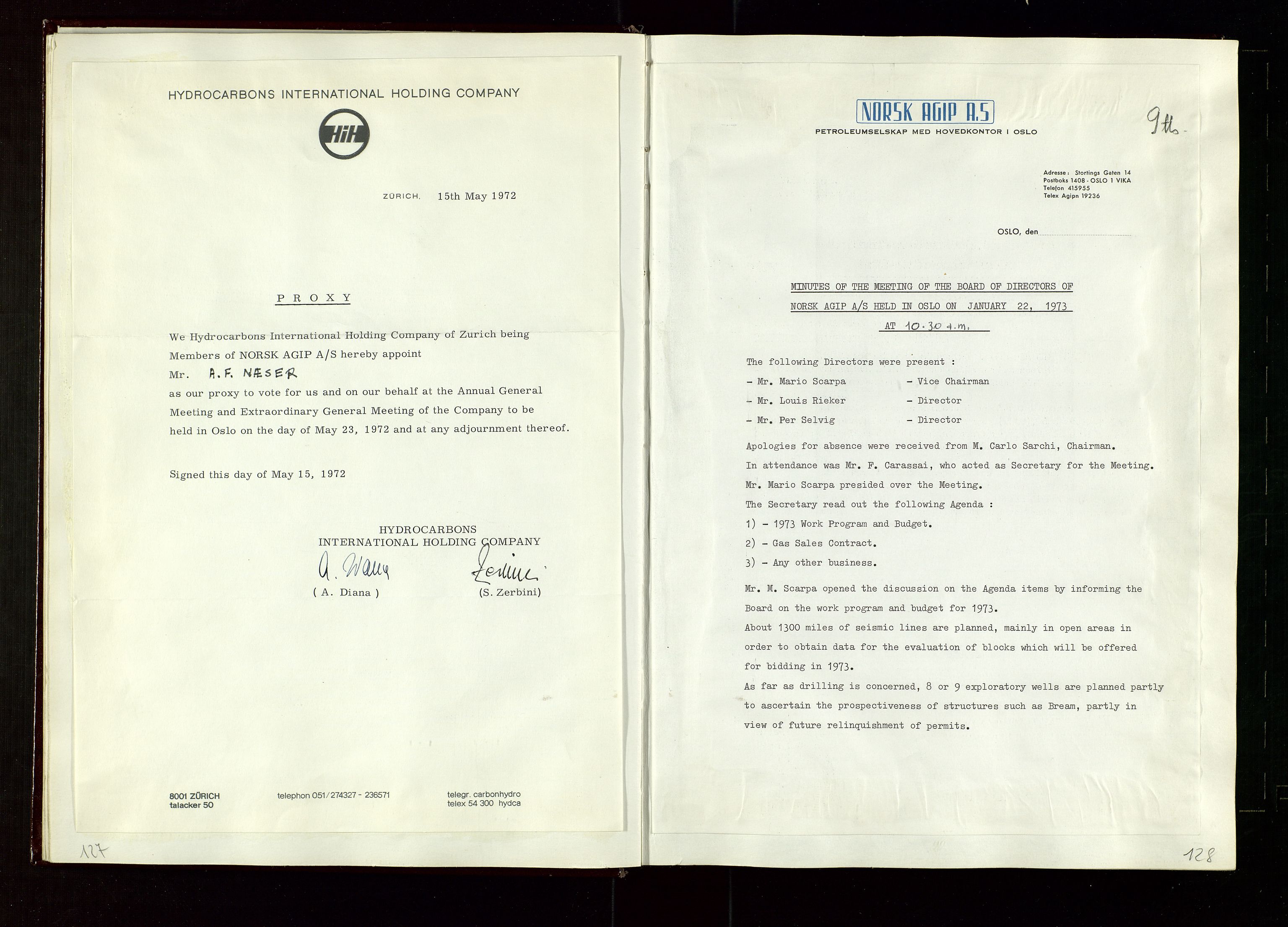 Pa 1583 - Norsk Agip AS, SAST/A-102138/A/Aa/L0002: General assembly and Board of Directors meeting minutes, 1972-1979, p. 127-128