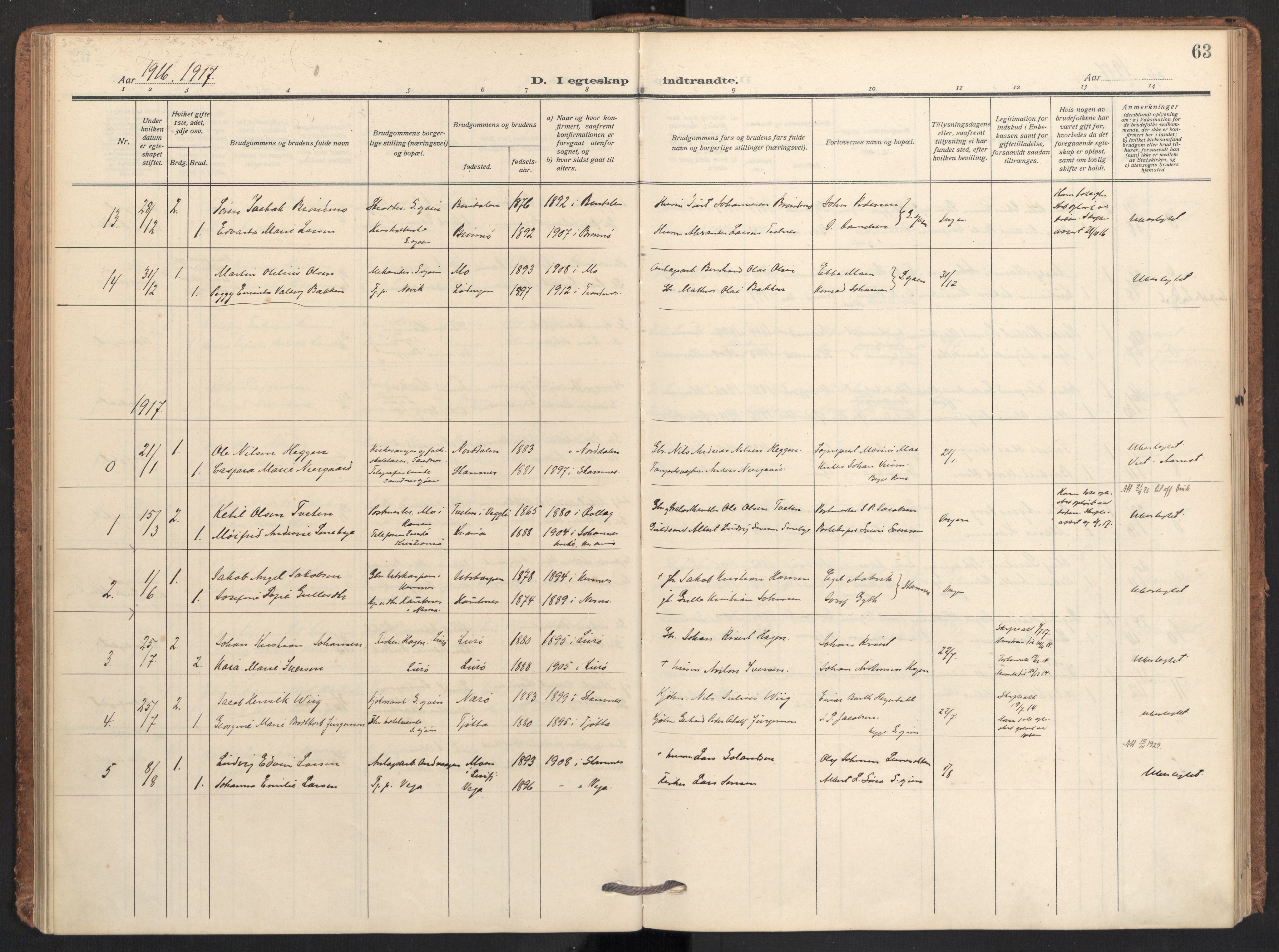 Ministerialprotokoller, klokkerbøker og fødselsregistre - Nordland, SAT/A-1459/831/L0473: Parish register (official) no. 831A04, 1909-1934, p. 63