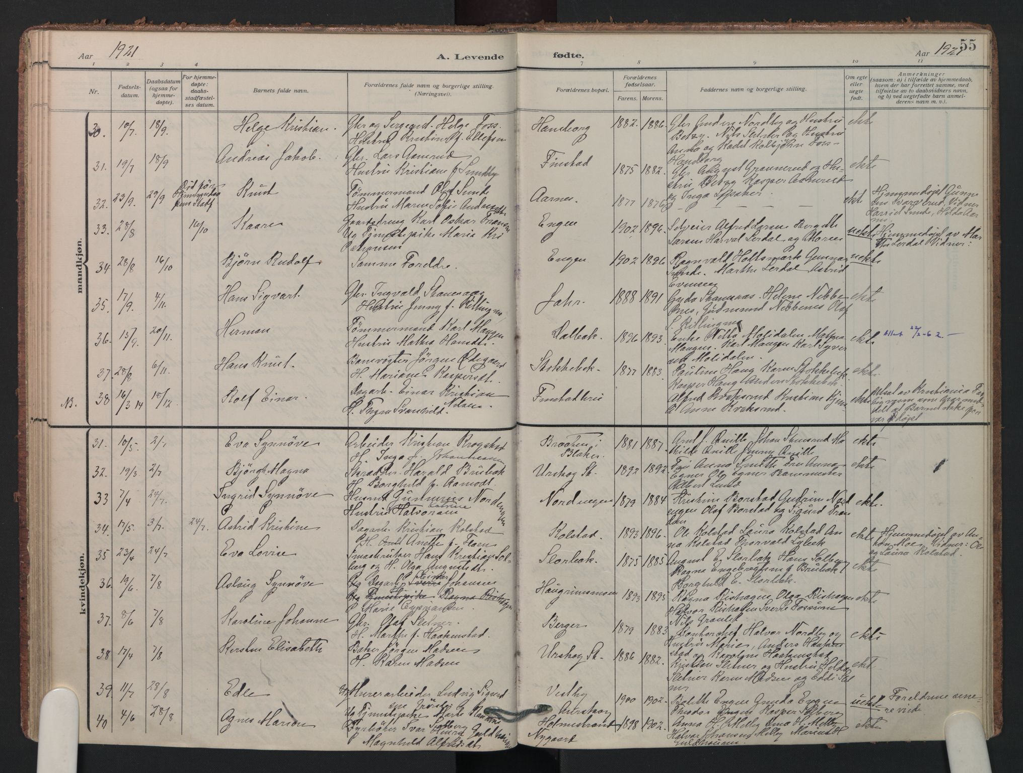Aurskog prestekontor Kirkebøker, SAO/A-10304a/F/Fa/L0014: Parish register (official) no. I 14, 1911-1926, p. 55