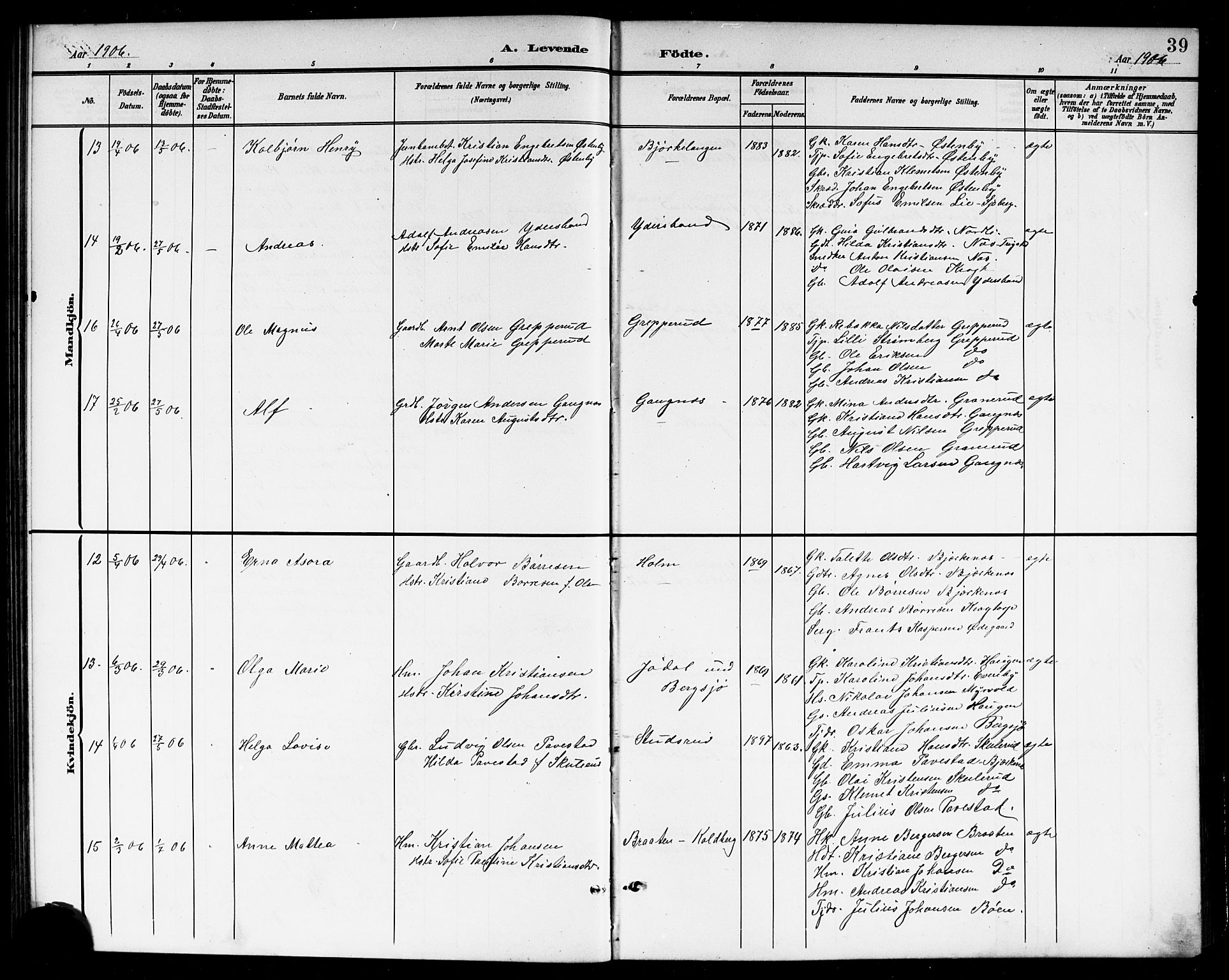 Høland prestekontor Kirkebøker, AV/SAO-A-10346a/G/Gb/L0001: Parish register (copy) no. II 1, 1902-1919, p. 39