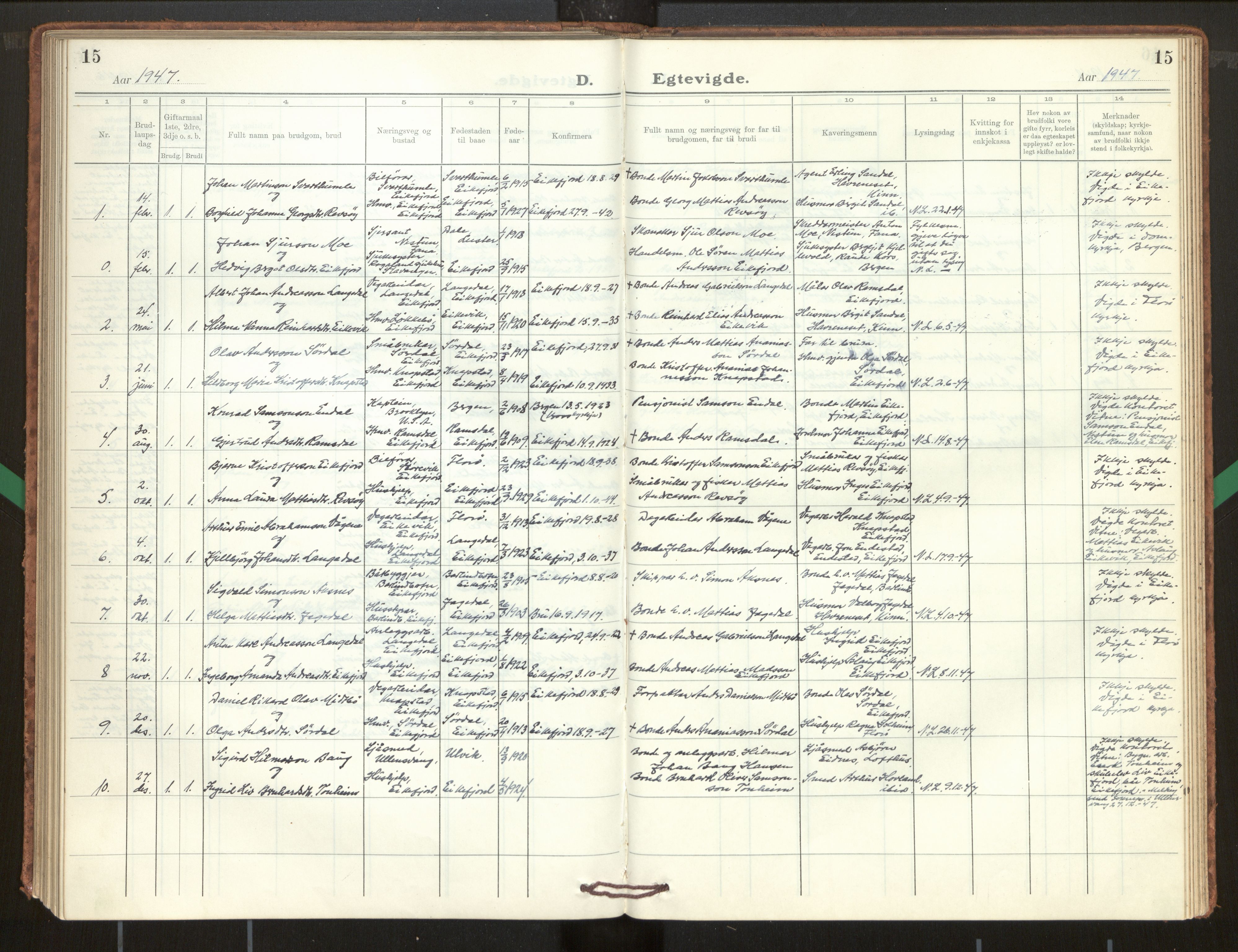 Kinn sokneprestembete, SAB/A-80801/H/Hab/Habe/L0003: Parish register (copy) no. E 3, 1927-1960, p. 15