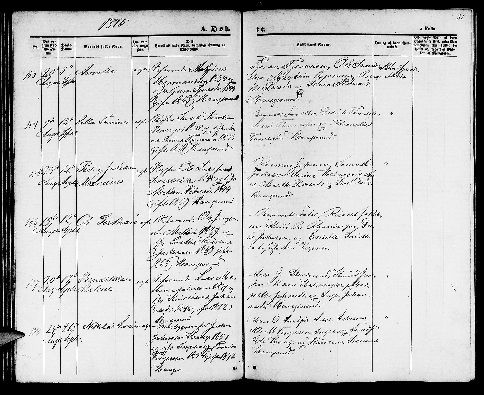 Haugesund sokneprestkontor, SAST/A -101863/H/Ha/Hab/L0001: Parish register (copy) no. B 1, 1873-1881, p. 51