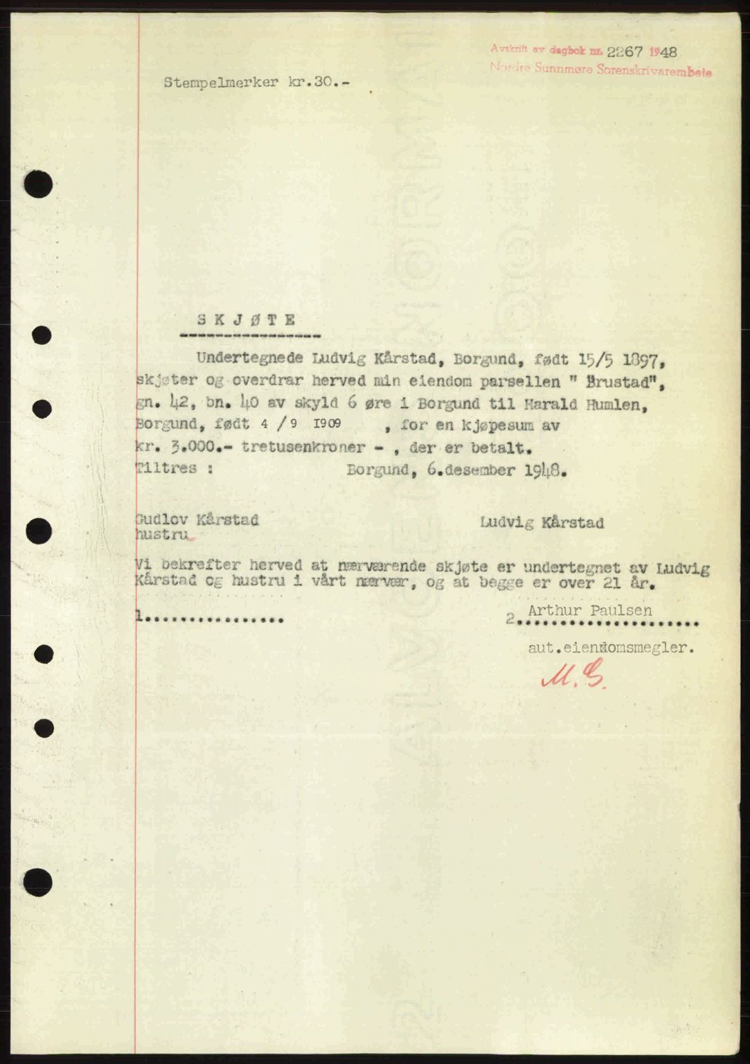 Nordre Sunnmøre sorenskriveri, AV/SAT-A-0006/1/2/2C/2Ca: Mortgage book no. A29, 1948-1949, Diary no: : 2267/1948