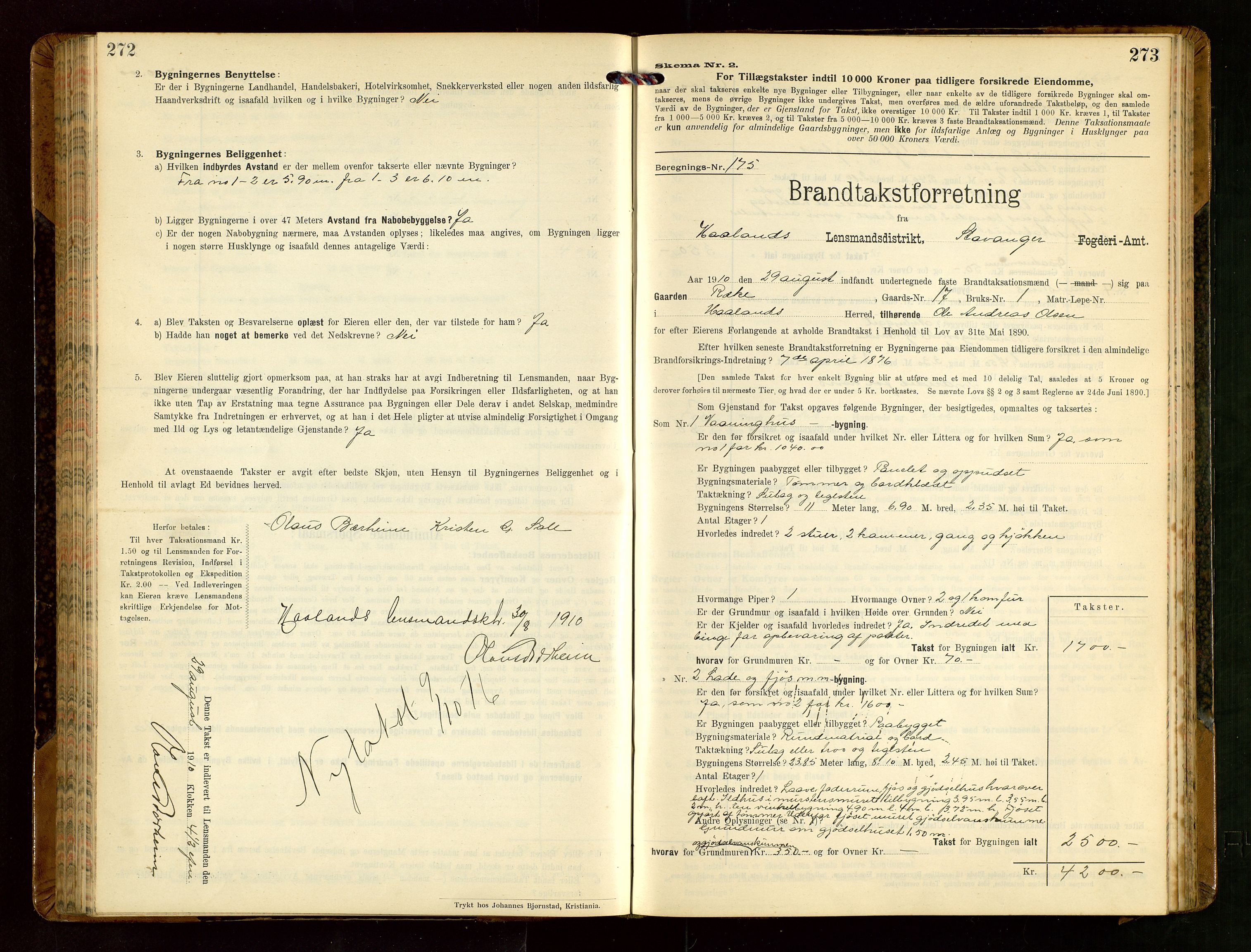 Håland lensmannskontor, AV/SAST-A-100100/Gob/L0004: Branntakstprotokoll - skjematakst. Register i boken., 1913-1915, p. 272-273