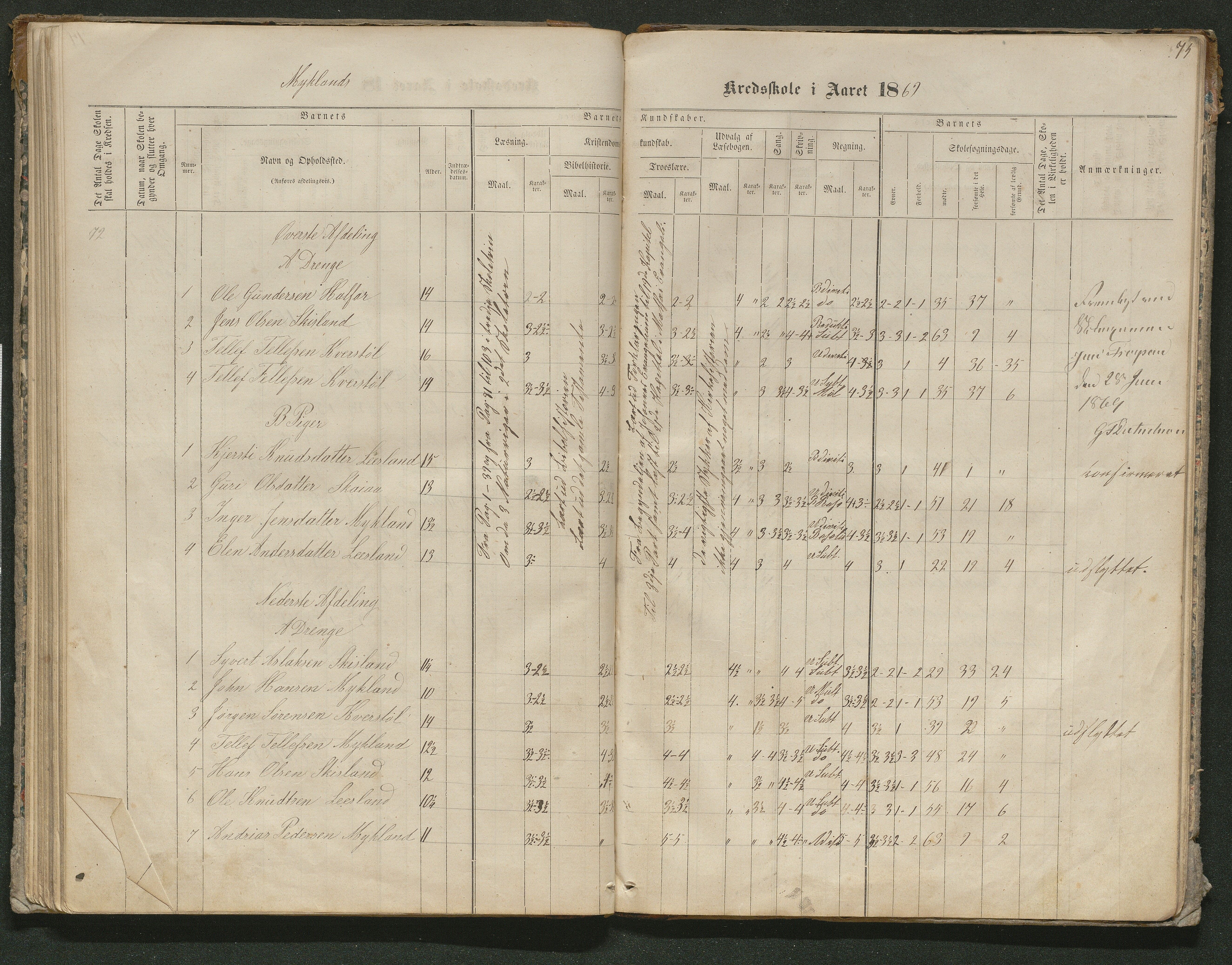 Iveland kommune, De enkelte kretsene/Skolene, AAKS/KA0935-550/A_10/L0005: Skoleprotokoll for Frøyså og Mykland krets, 1864-1881, p. 75