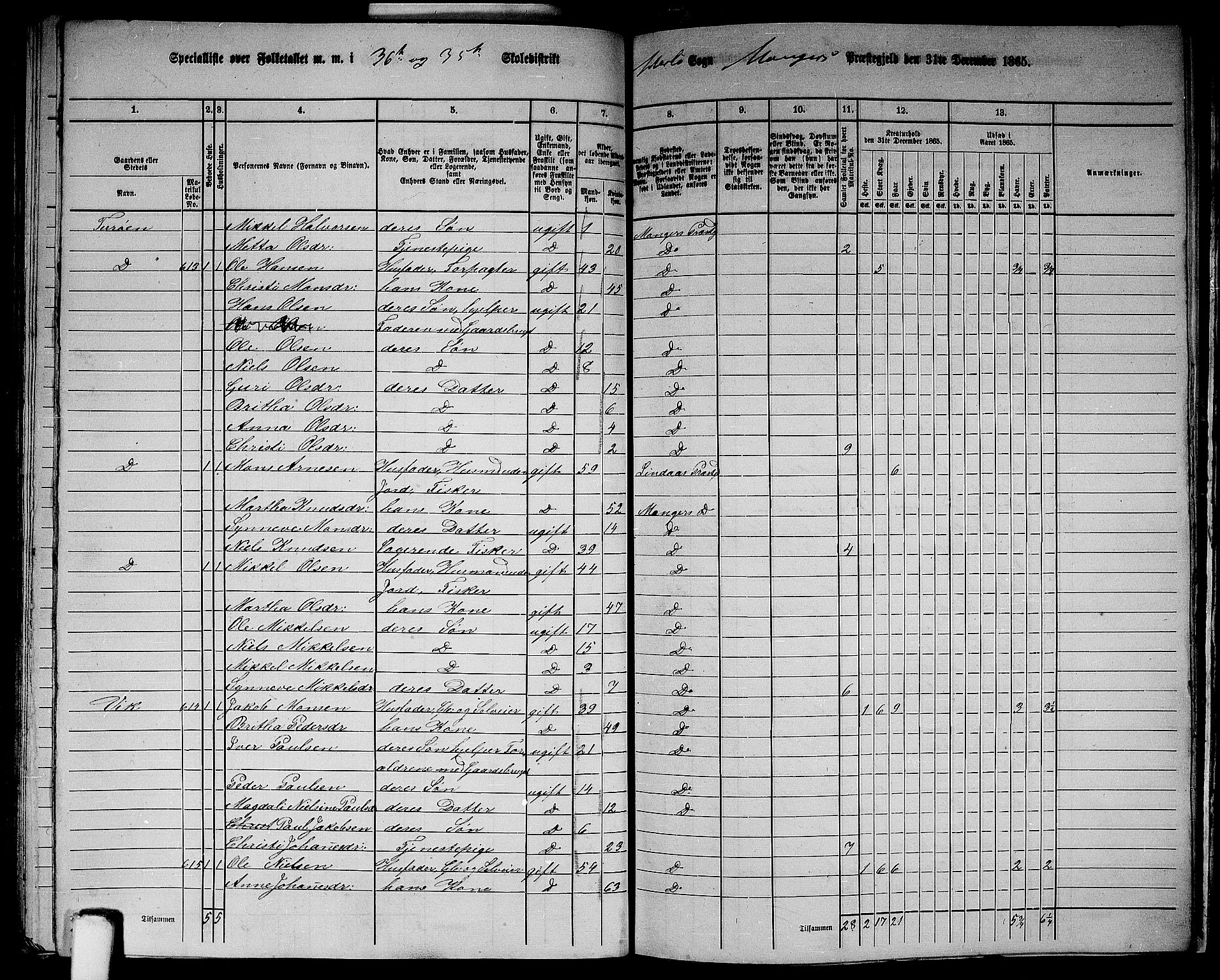 RA, 1865 census for Manger, 1865, p. 172