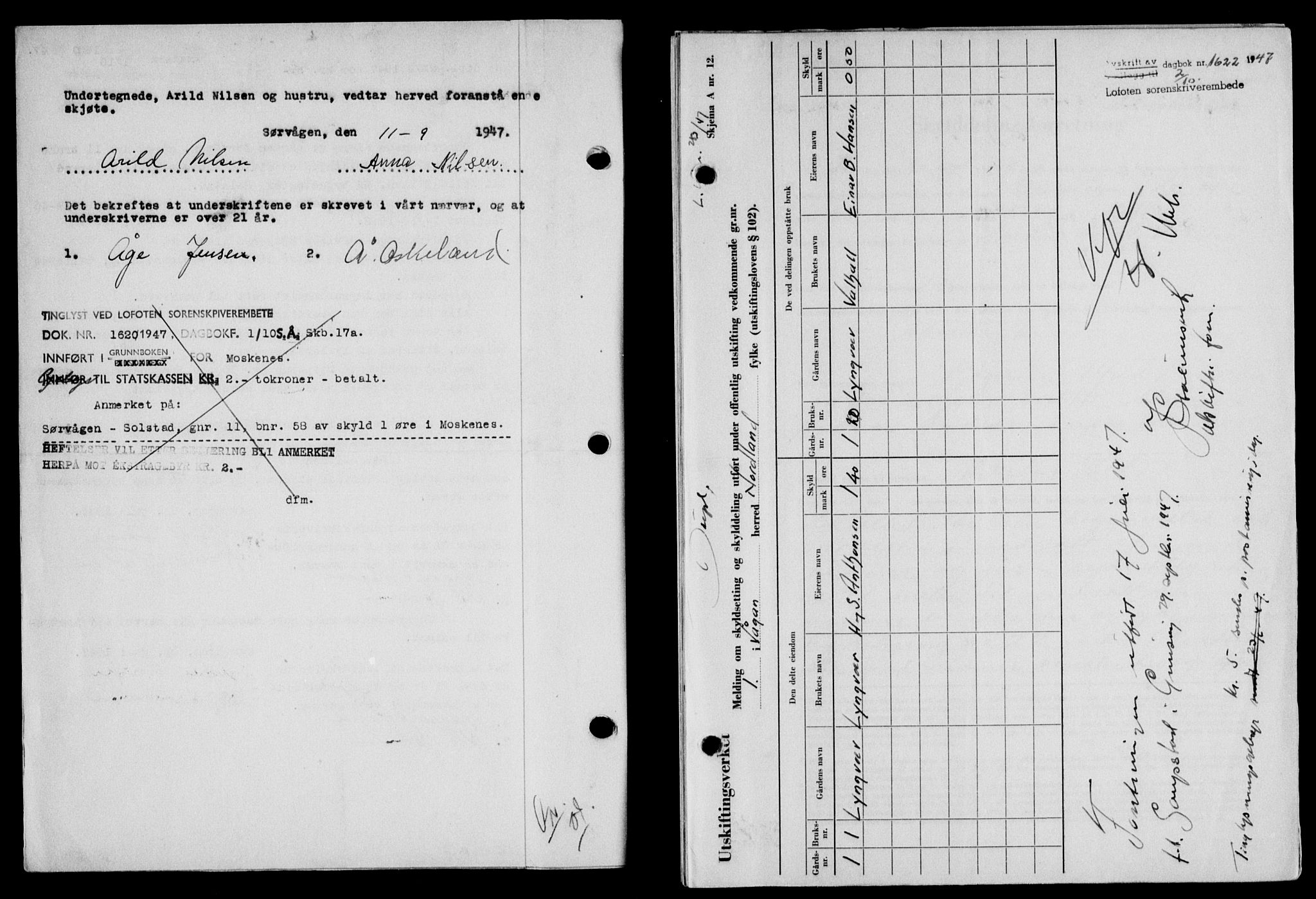 Lofoten sorenskriveri, SAT/A-0017/1/2/2C/L0017a: Mortgage book no. 17a, 1947-1948, Diary no: : 1622/1947