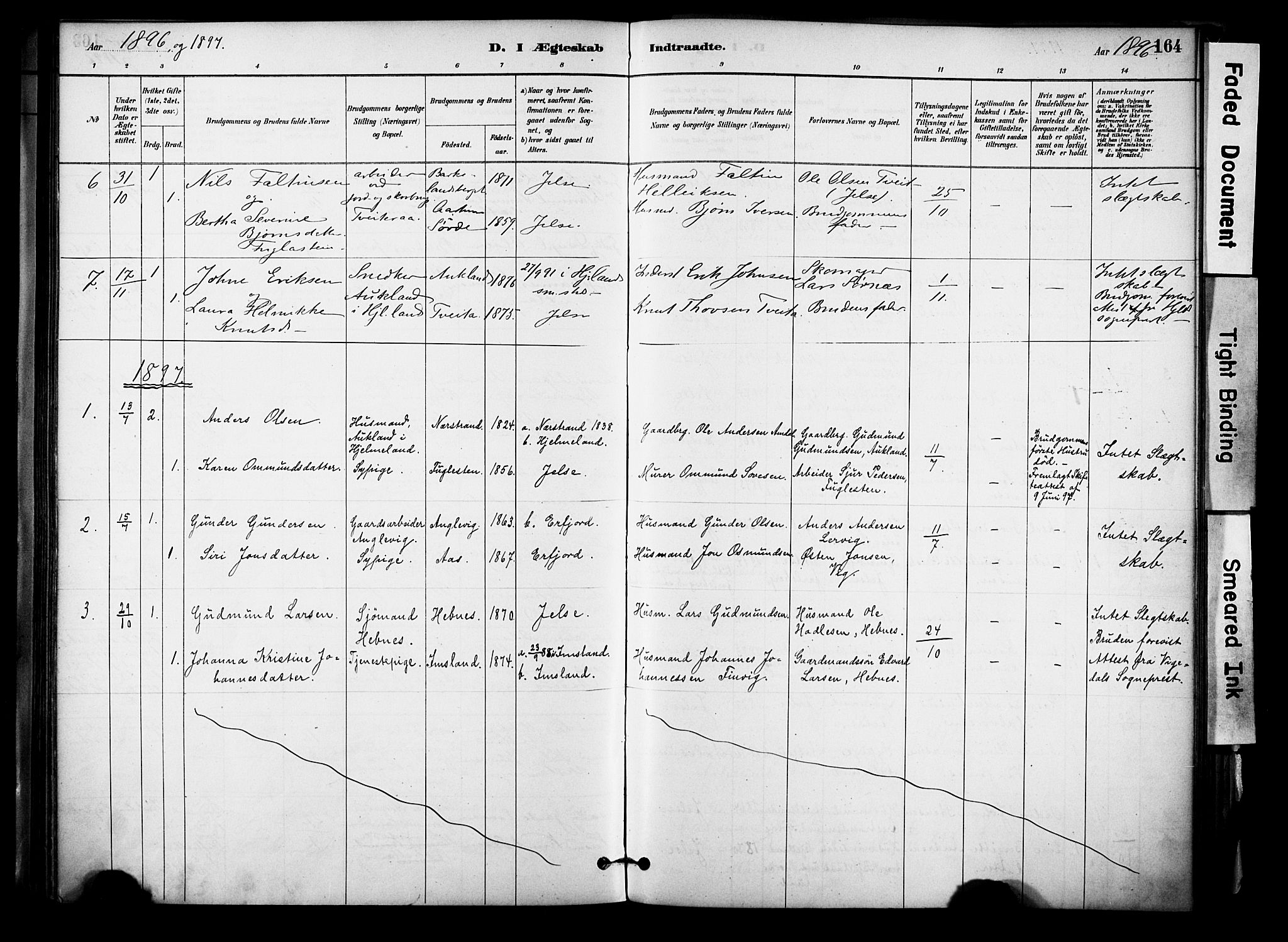 Jelsa sokneprestkontor, SAST/A-101842/01/IV: Parish register (official) no. A 10, 1884-1906, p. 164