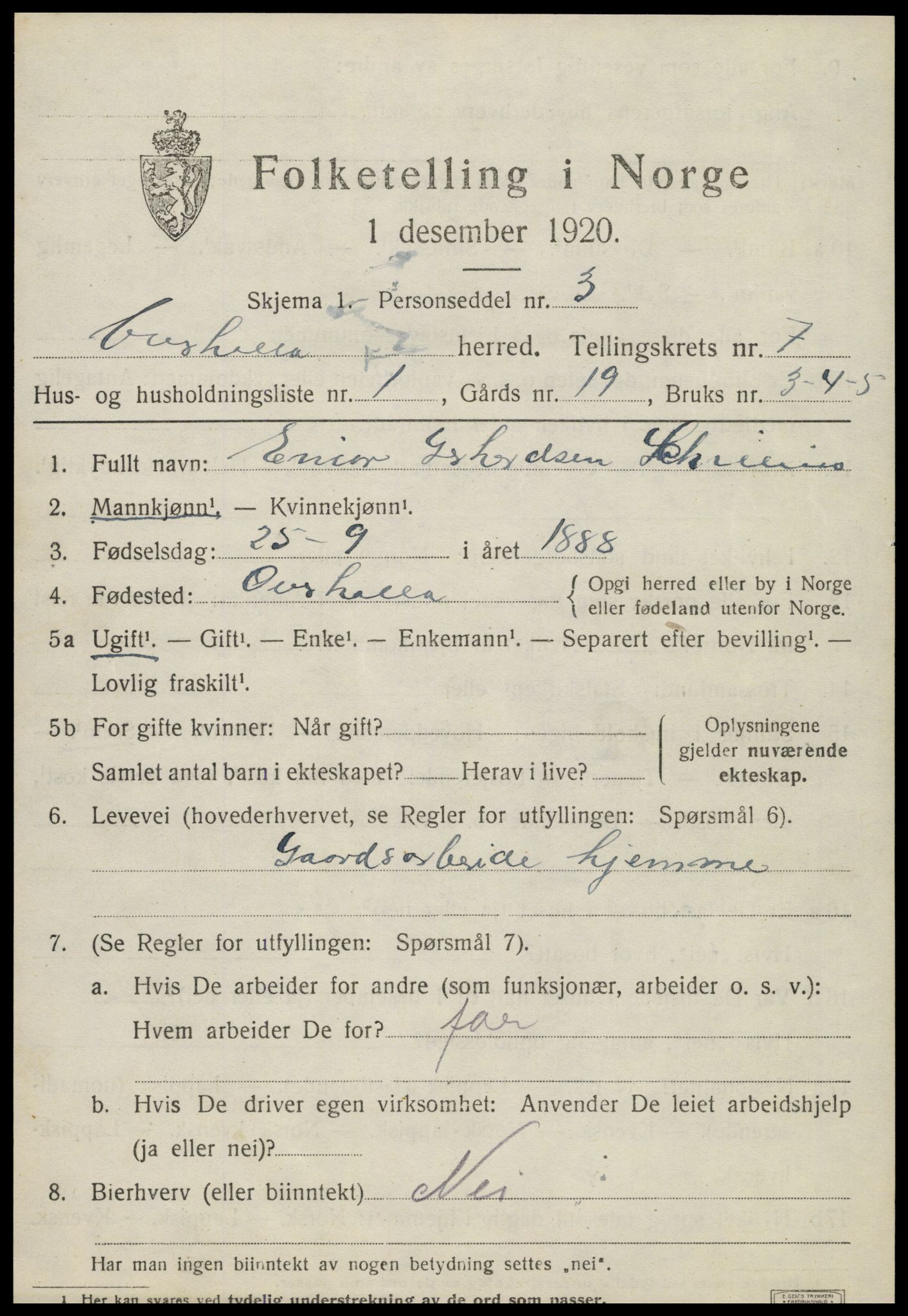 SAT, 1920 census for Overhalla, 1920, p. 4906