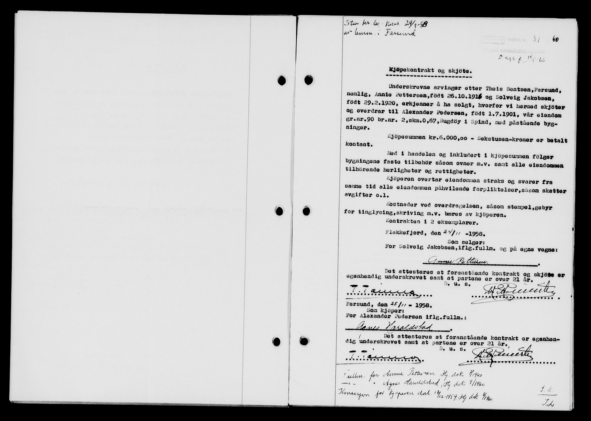 Lyngdal sorenskriveri, AV/SAK-1221-0004/G/Gb/L0679: Mortgage book no. A XXV, 1959-1960, Diary no: : 31/1960