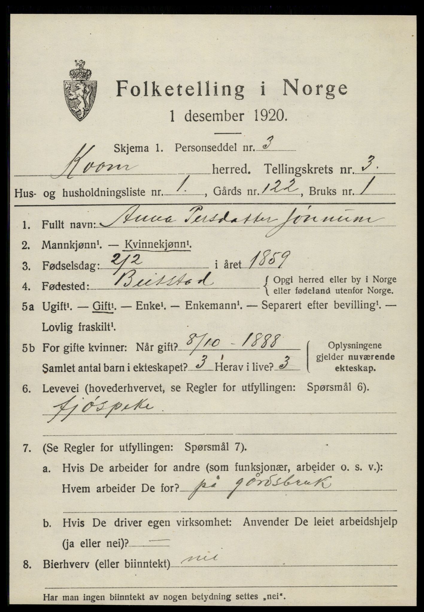 SAT, 1920 census for Kvam, 1920, p. 805