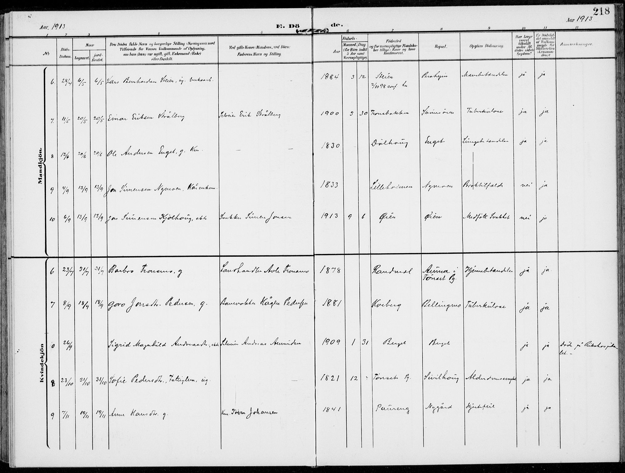 Alvdal prestekontor, SAH/PREST-060/H/Ha/Haa/L0004: Parish register (official) no. 4, 1907-1919, p. 218