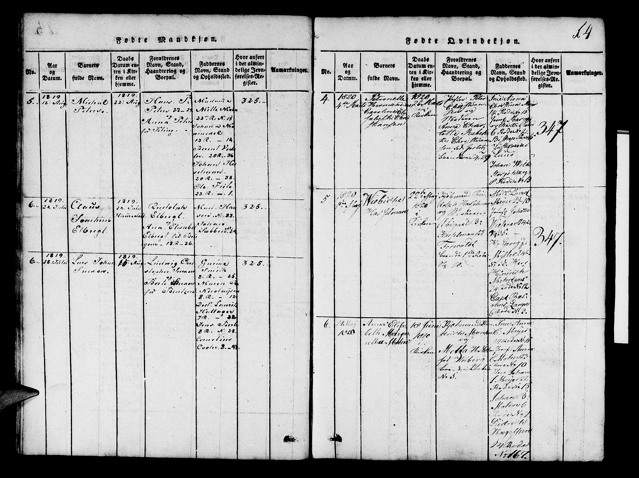 Mariakirken Sokneprestembete, SAB/A-76901/H/Hab/L0001: Parish register (copy) no. A 1, 1815-1846, p. 14