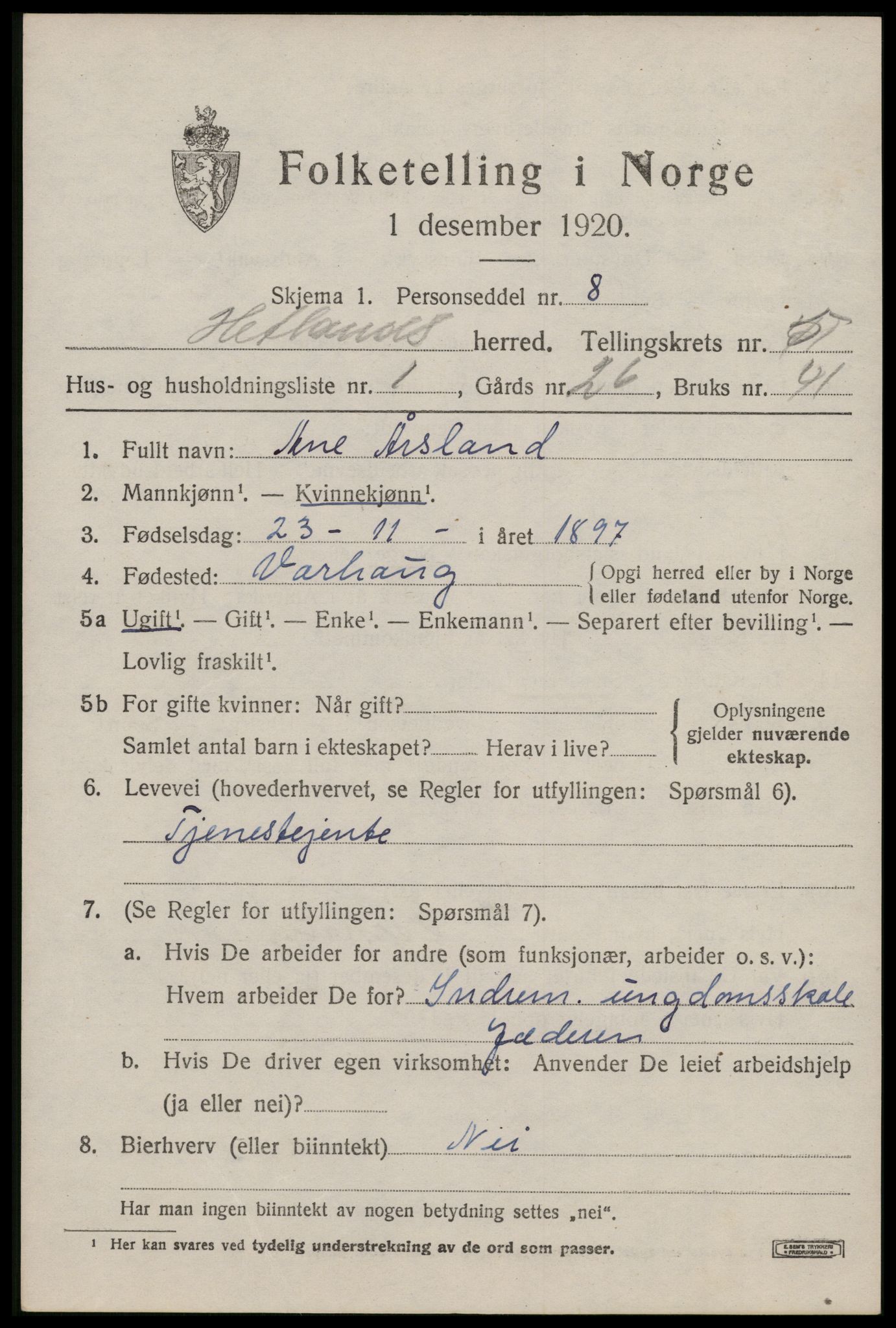 SAST, 1920 census for Hetland, 1920, p. 8167