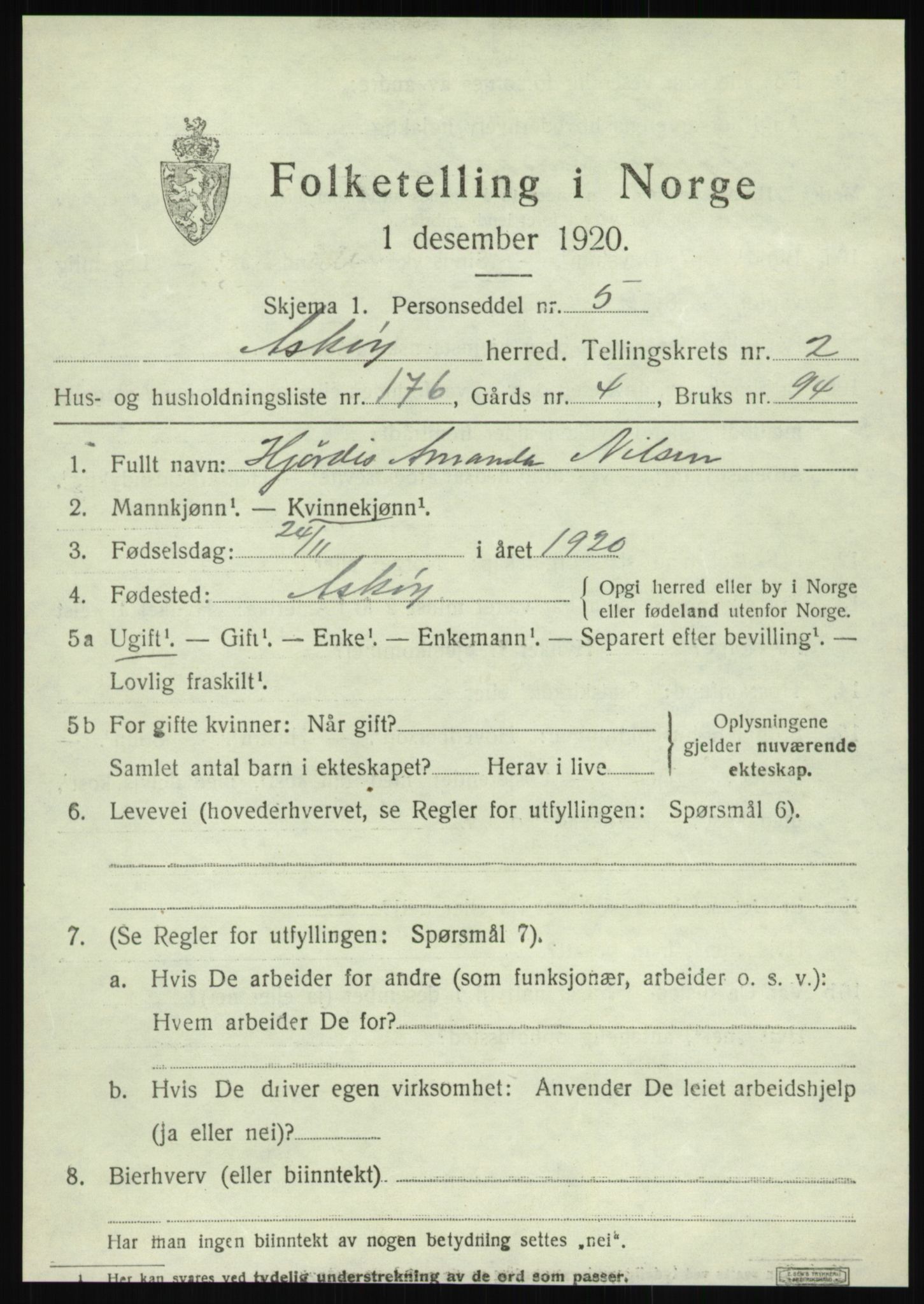 SAB, 1920 census for Askøy, 1920, p. 6366