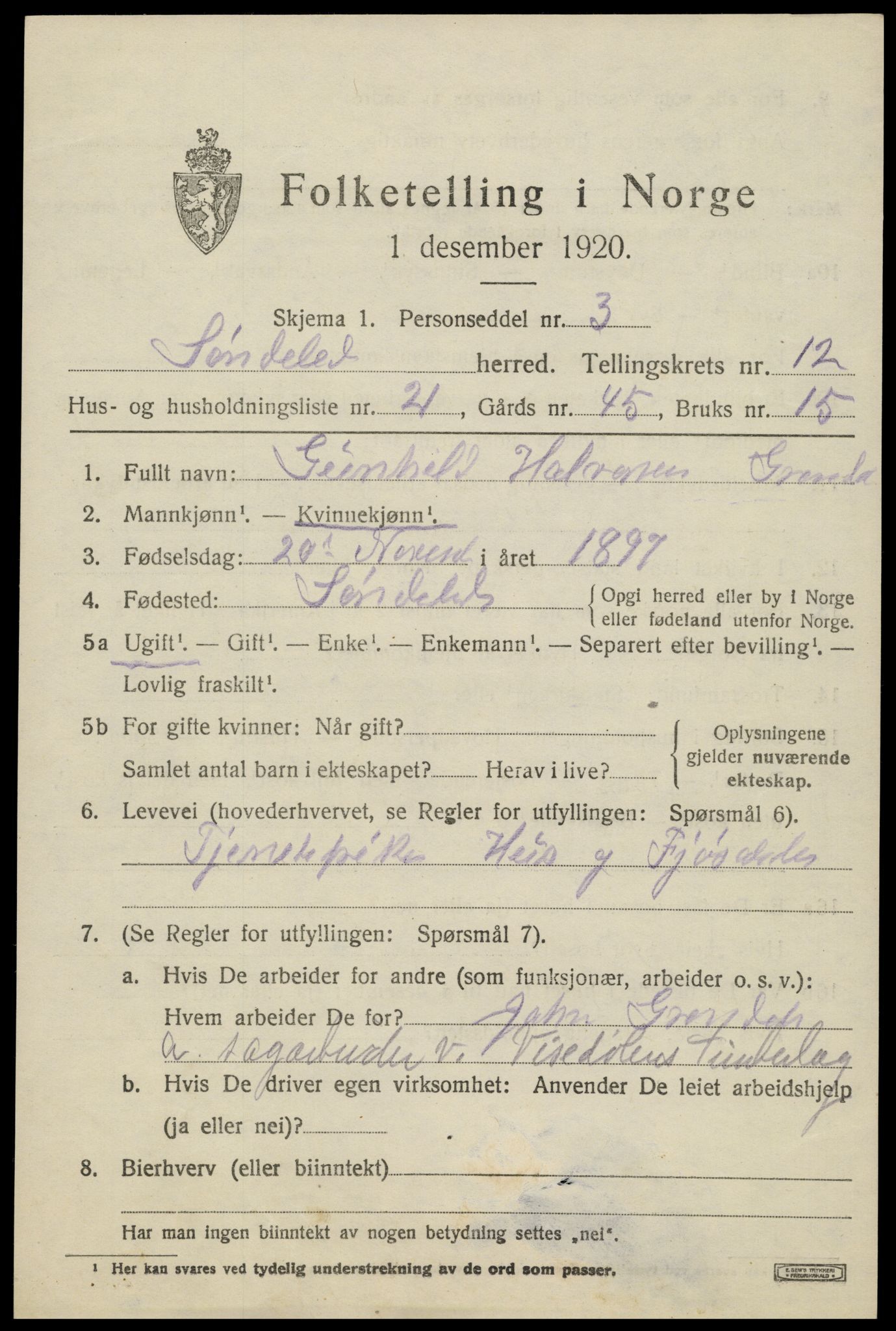 SAK, 1920 census for Søndeled, 1920, p. 6069