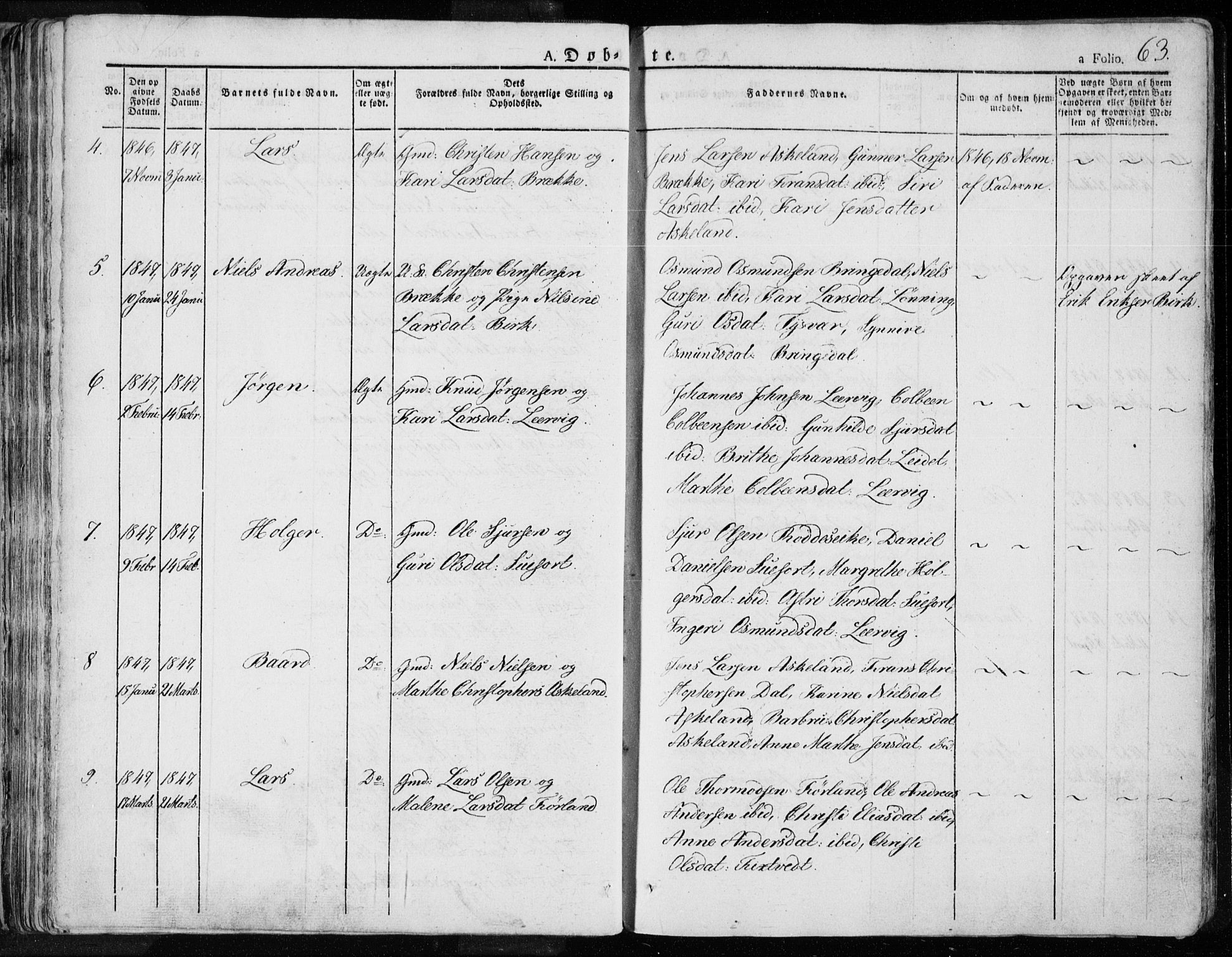 Tysvær sokneprestkontor, AV/SAST-A -101864/H/Ha/Haa/L0001: Parish register (official) no. A 1.1, 1831-1856, p. 63