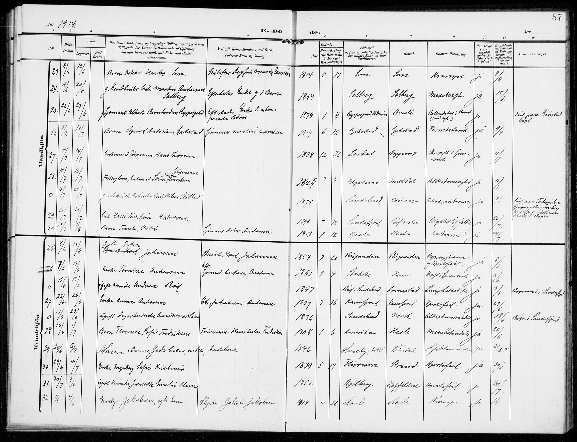 Sandar kirkebøker, AV/SAKO-A-243/F/Fa/L0019: Parish register (official) no. 19, 1908-1914, p. 87