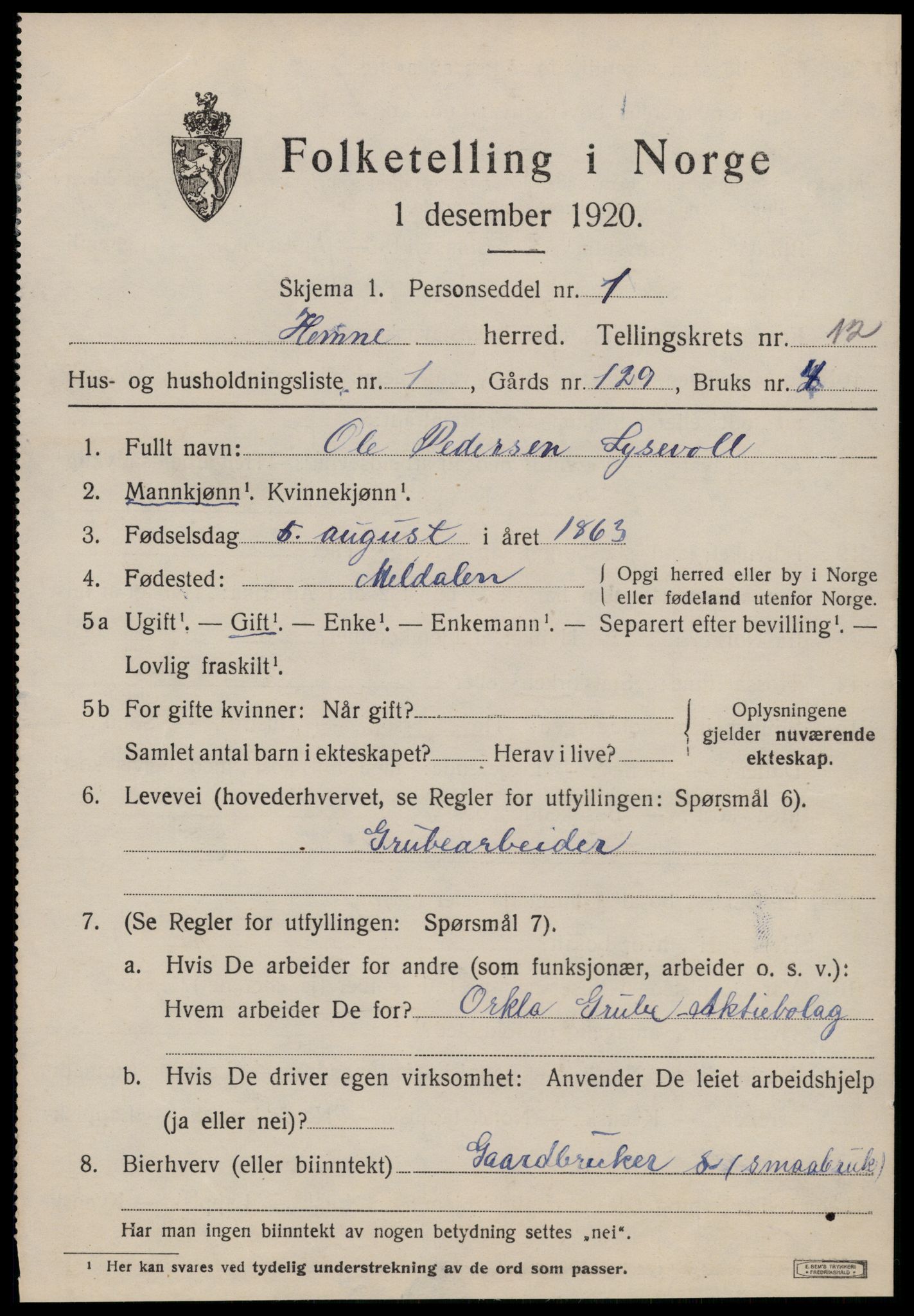 SAT, 1920 census for Hemne, 1920, p. 7054