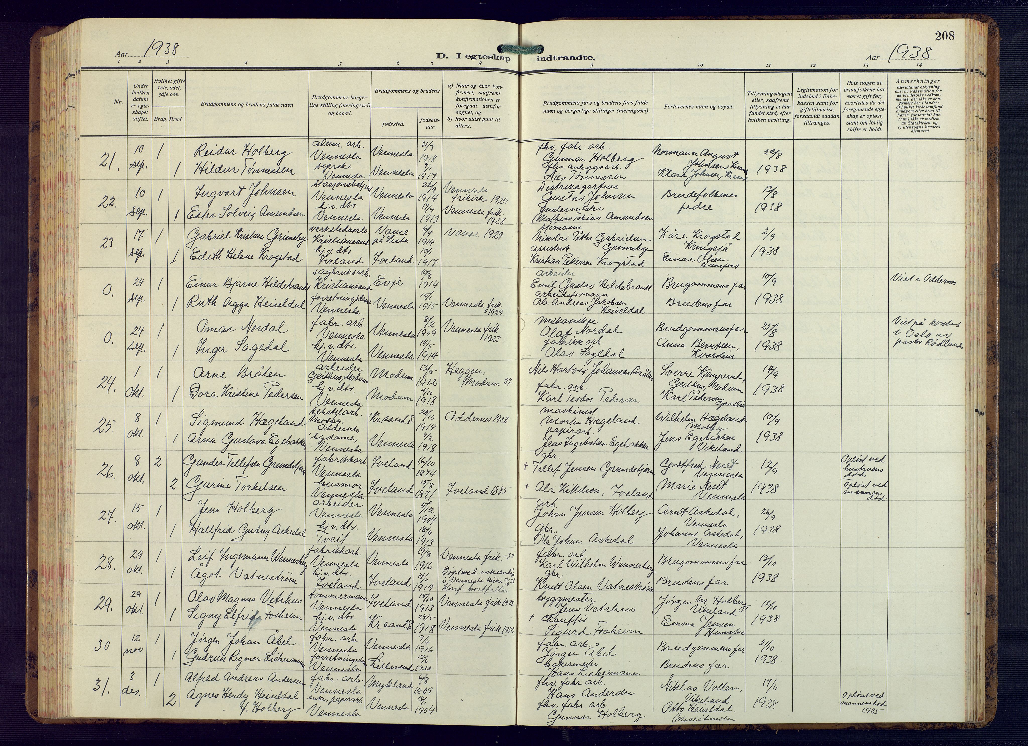 Vennesla sokneprestkontor, AV/SAK-1111-0045/Fb/Fbb/L0008: Parish register (copy) no. B 8, 1934-1947, p. 208