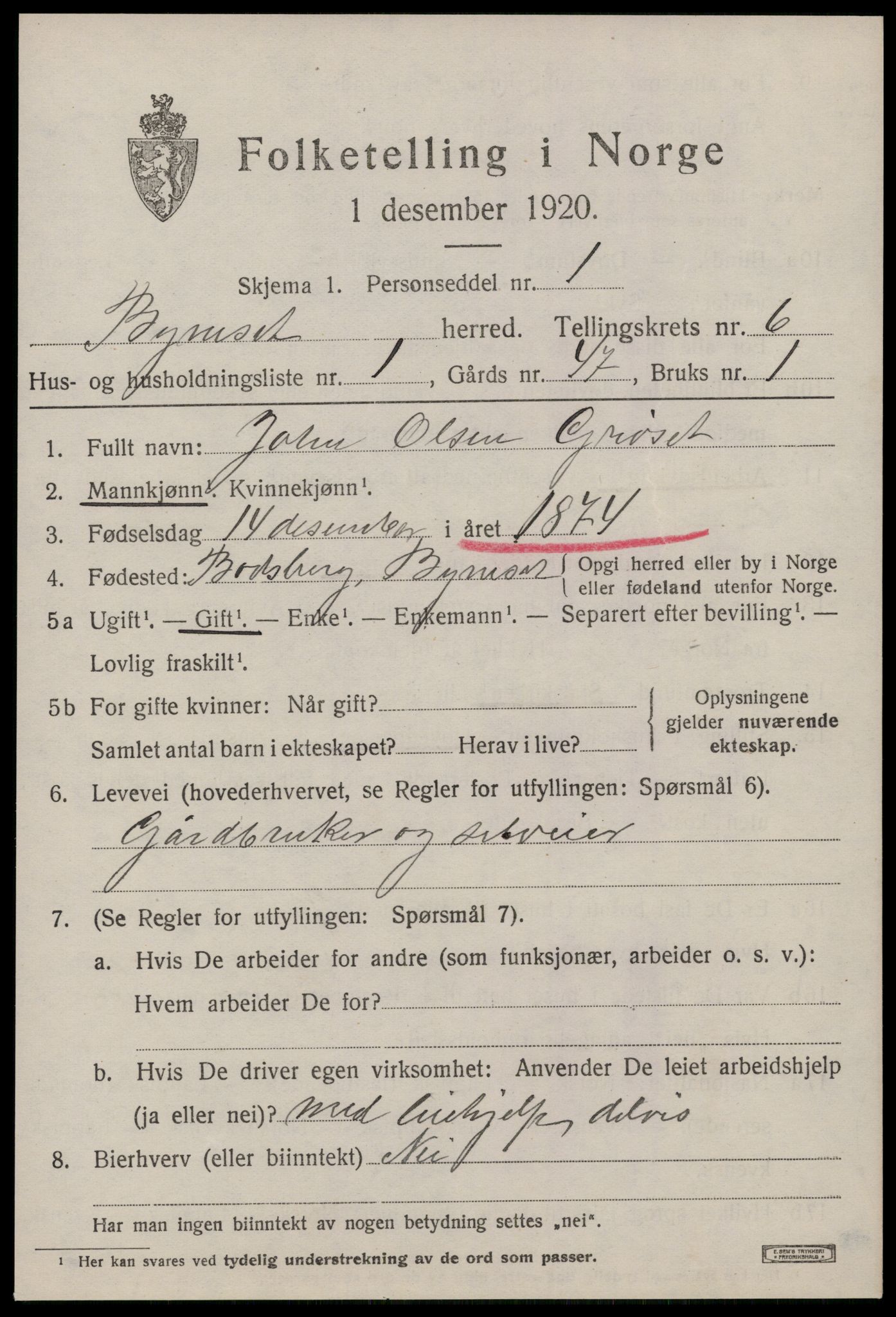 SAT, 1920 census for Byneset, 1920, p. 2998