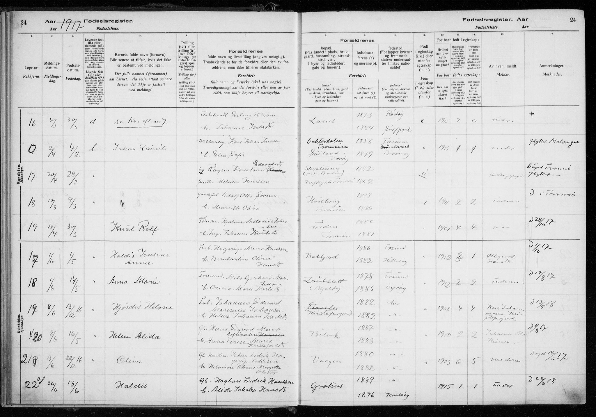 Tromsøysund sokneprestkontor, AV/SATØ-S-1304/H/Ha/L0079: Birth register no. 79, 1916-1924, p. 24